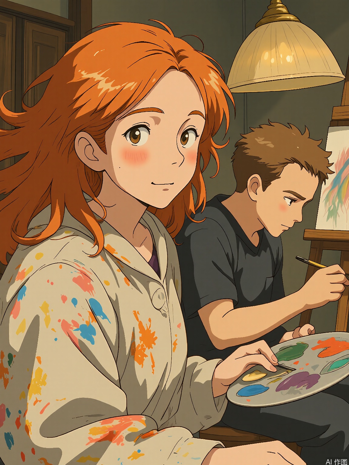 JBL, A Ghibli-style scene with two artists. The foreground artist has vibrant red hair, wears a paint-splattered smock, and holds a palette, mixing colors. The background artist has short, neat hair and sketches on a canvas, focused intently. Both have creative expressions. The artwork is vivid and imaginative.
