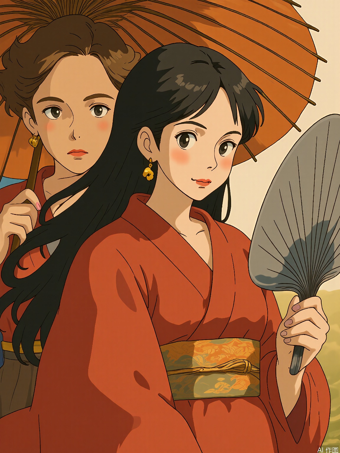 JBL, A Ghibli-inspired illustration featuring two young women. The foreground woman has long, straight black hair, wears a red kimono, and holds a fan, poised gracefully. The background woman has short, wavy brown hair and carries a parasol, shielding herself from the sun. Both have contemplative expressions. The style is elegant and flowing.
