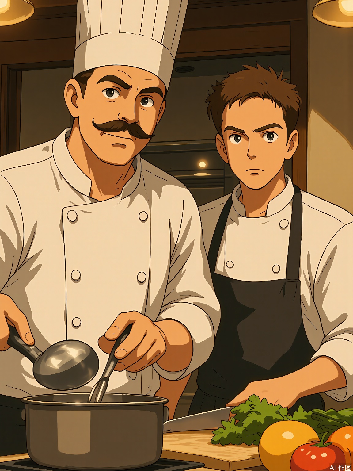 JBL, A Ghibli-style digital painting featuring two chefs. The foreground chef has a mustache, wears a tall white hat, and holds a ladle, stirring a pot with focus. The background chef has a clean-shaven face and wears a chef’s apron, chopping vegetables with precision. Both have concentrated expressions. The artwork is warm and inviting.
