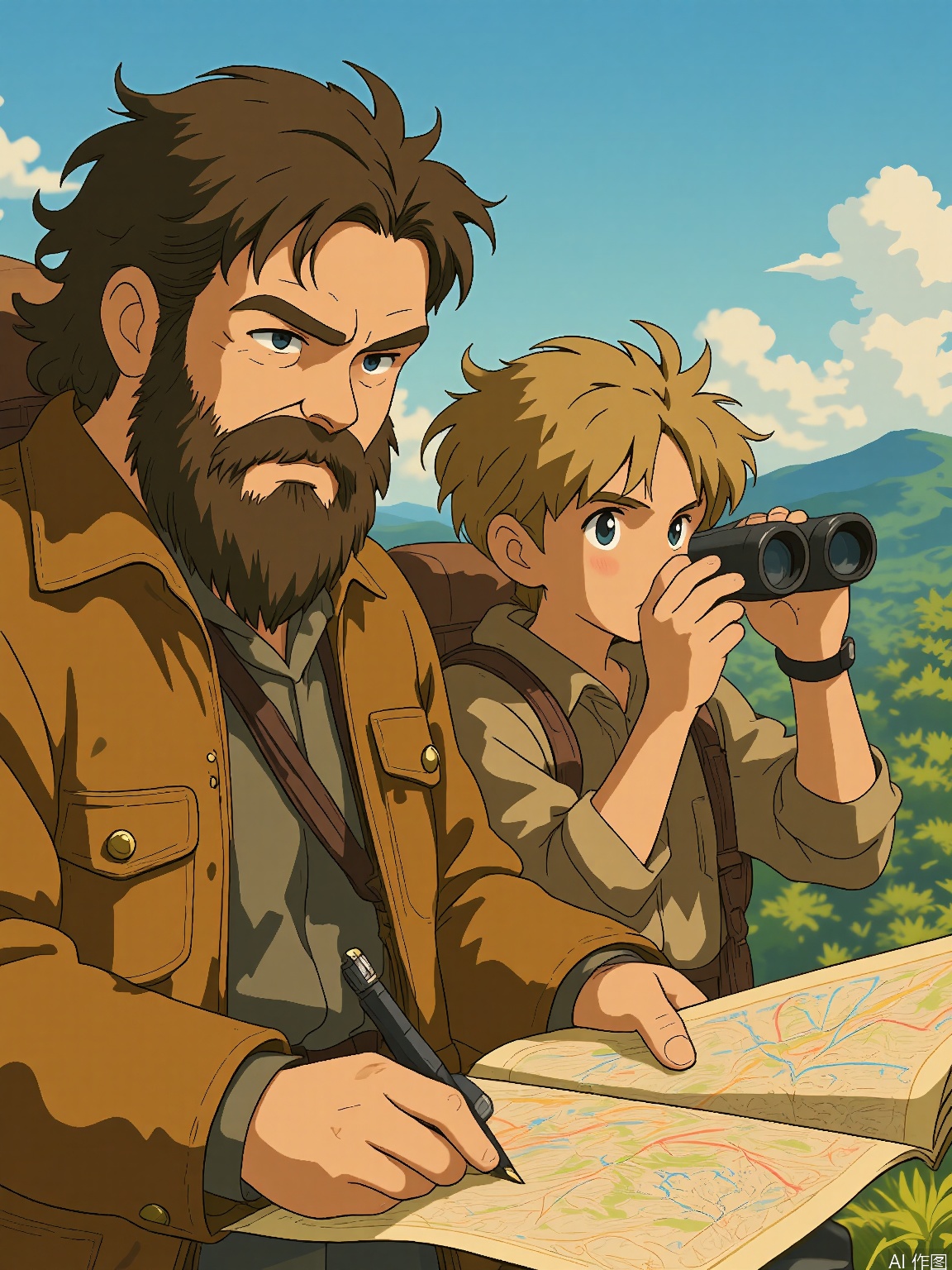 JBL, A Ghibli-style scene with two adventurers. The foreground adventurer has a rugged beard, wears a leather jacket, and holds a map, tracing their path. The background adventurer has a ponytail and wears a backpack, scanning the horizon with binoculars. Both have adventurous expressions. The artwork is vibrant and exploratory.
