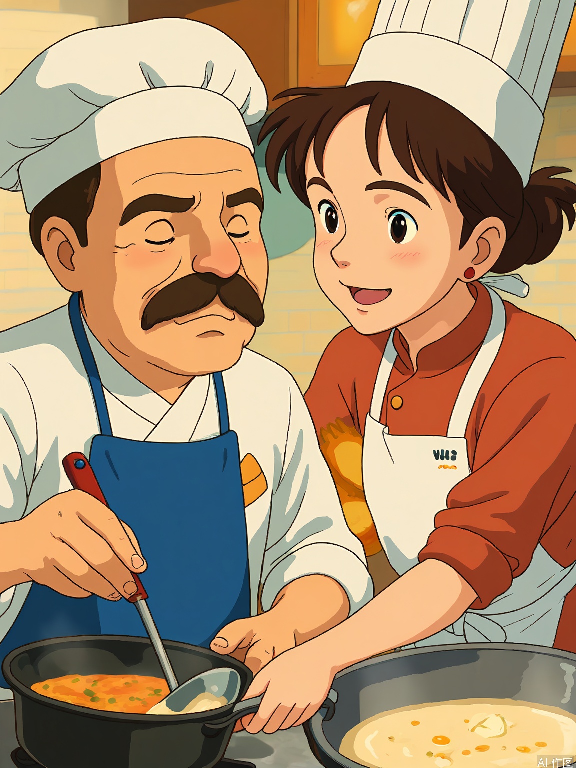 JBL, A Ghibli-style digital painting featuring two chefs. The foreground chef has a mustache, wears a tall white hat, and holds a ladle, stirring a pot with focus. The background chef has a clean-shaven face and wears a chef’s apron, chopping vegetables with precision. Both have concentrated expressions. The artwork is warm and inviting.
