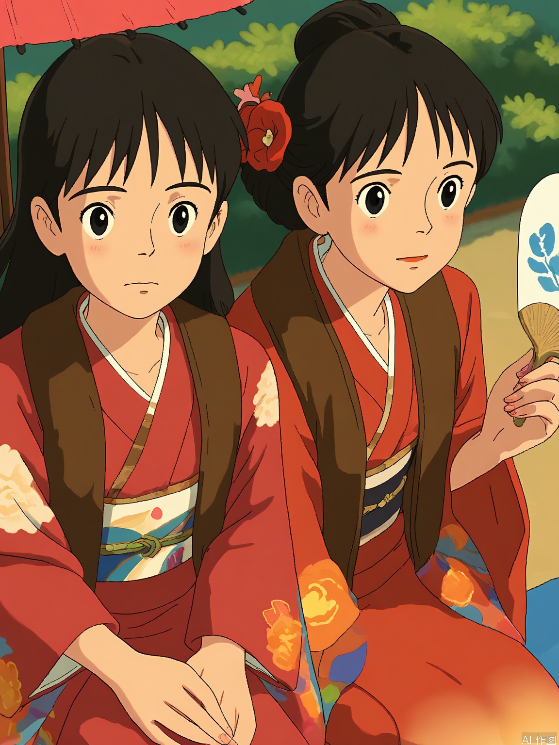 JBL, A Ghibli-inspired illustration featuring two young women. The foreground woman has long, straight black hair, wears a red kimono, and holds a fan, poised gracefully. The background woman has short, wavy brown hair and carries a parasol, shielding herself from the sun. Both have contemplative expressions. The style is elegant and flowing.

