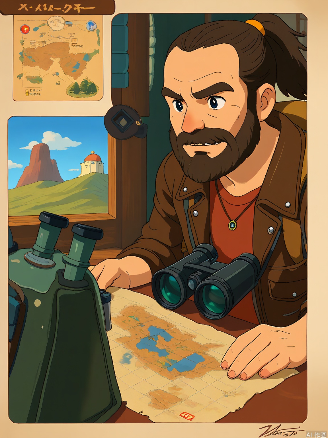 JBL, A Ghibli-style scene with two adventurers. The foreground adventurer has a rugged beard, wears a leather jacket, and holds a map, tracing their path. The background adventurer has a ponytail and wears a backpack, scanning the horizon with binoculars. Both have adventurous expressions. The artwork is vibrant and exploratory.
