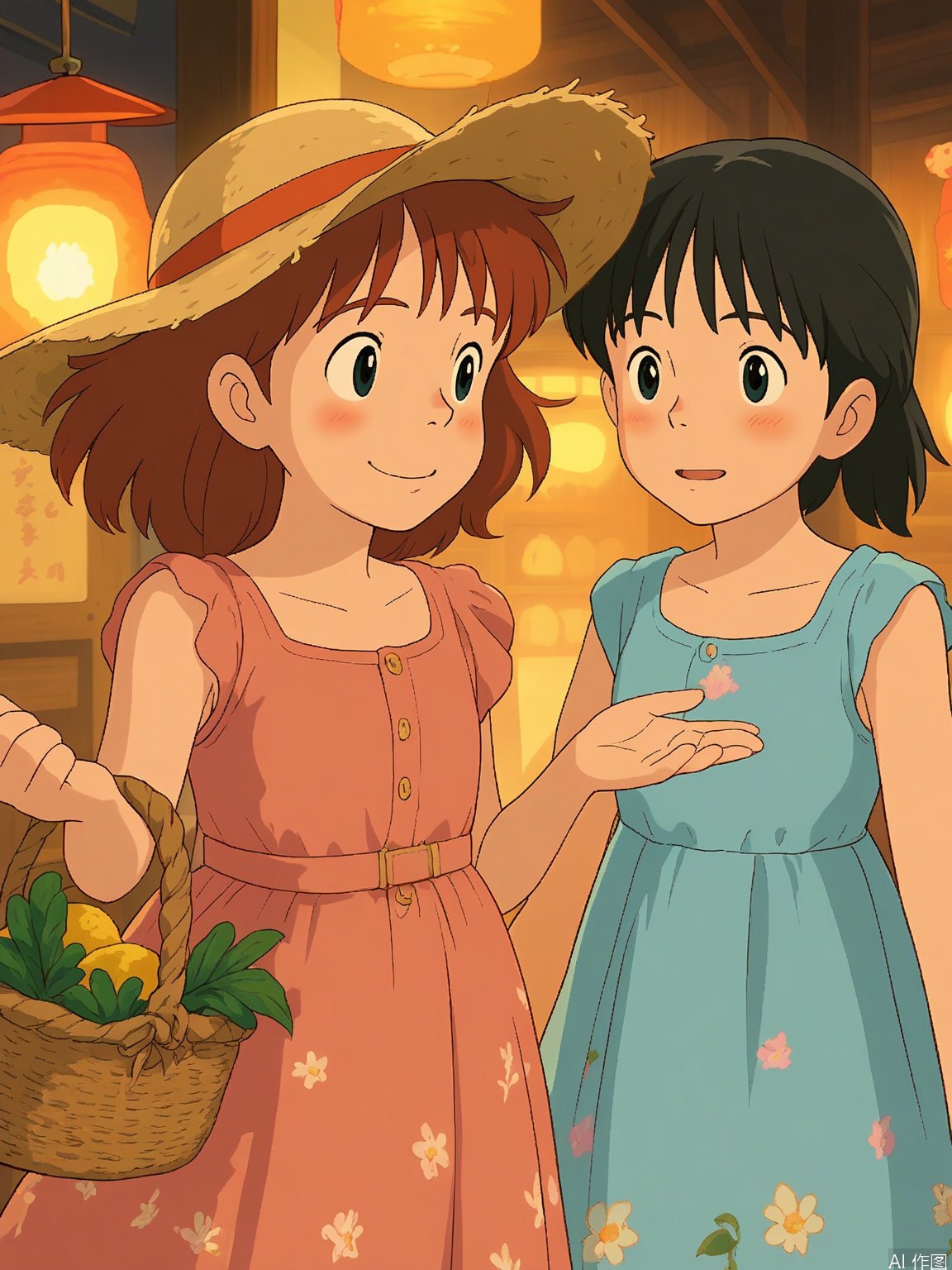 JBL, A Ghibli-style illustration featuring two young girls. The foreground girl has long, flowing auburn hair, wears a wide-brimmed straw hat, and holds a lantern, casting a warm glow. She wears a light blue dress with floral patterns. The background girl has short black hair and carries a basket of fresh vegetables, smiling gently. Both have curious expressions. The artwork is in a soft, dreamy Ghibli style.
