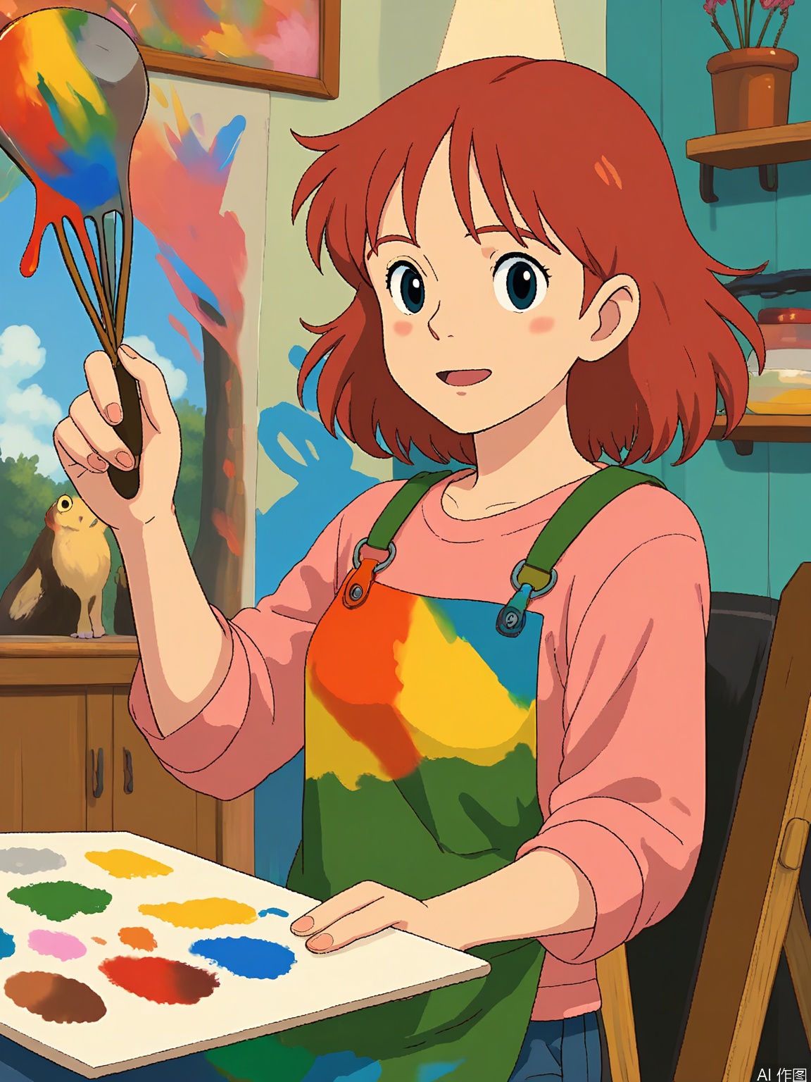 JBL, A Ghibli-style scene with two artists. The foreground artist has vibrant red hair, wears a paint-splattered smock, and holds a palette, mixing colors. The background artist has short, neat hair and sketches on a canvas, focused intently. Both have creative expressions. The artwork is vivid and imaginative.
