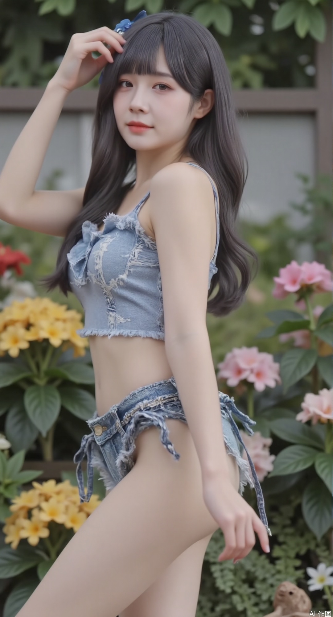 5. In a flower garden, (side-facing) with one hand lightly touching blooming flowers. Long black hair and bangs remain, paired with the light blue ruffled spaghetti strap top and distressed denim shorts. Surrounded by vibrant flowers and green foliage under natural daylight.