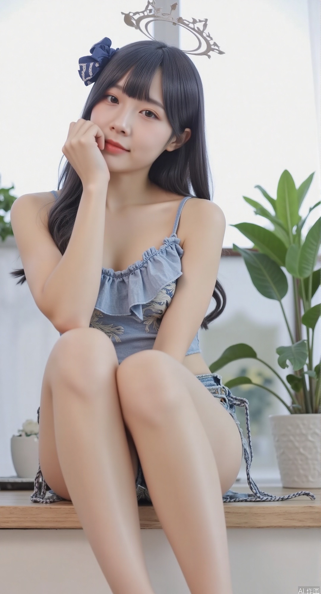 A young woman with long black hair and bangs, dressed in a light blue ruffled spaghetti strap top and distressed denim shorts, sits by a sunlit windowsill. One hand props her chin, legs casually crossed. Background features green plants and soft daylight streaming through the window, creating a warm, serene indoor atmosphere.
