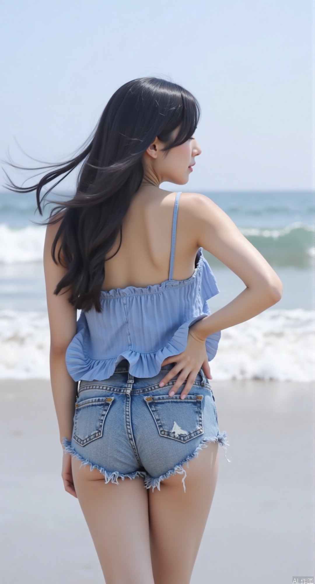 2. Standing by the seaside, long black hair swaying in the wind. She wears the same light blue ruffled spaghetti strap top and distressed denim shorts, with one hand resting on her hip, facing the ocean waves under a clear sky.