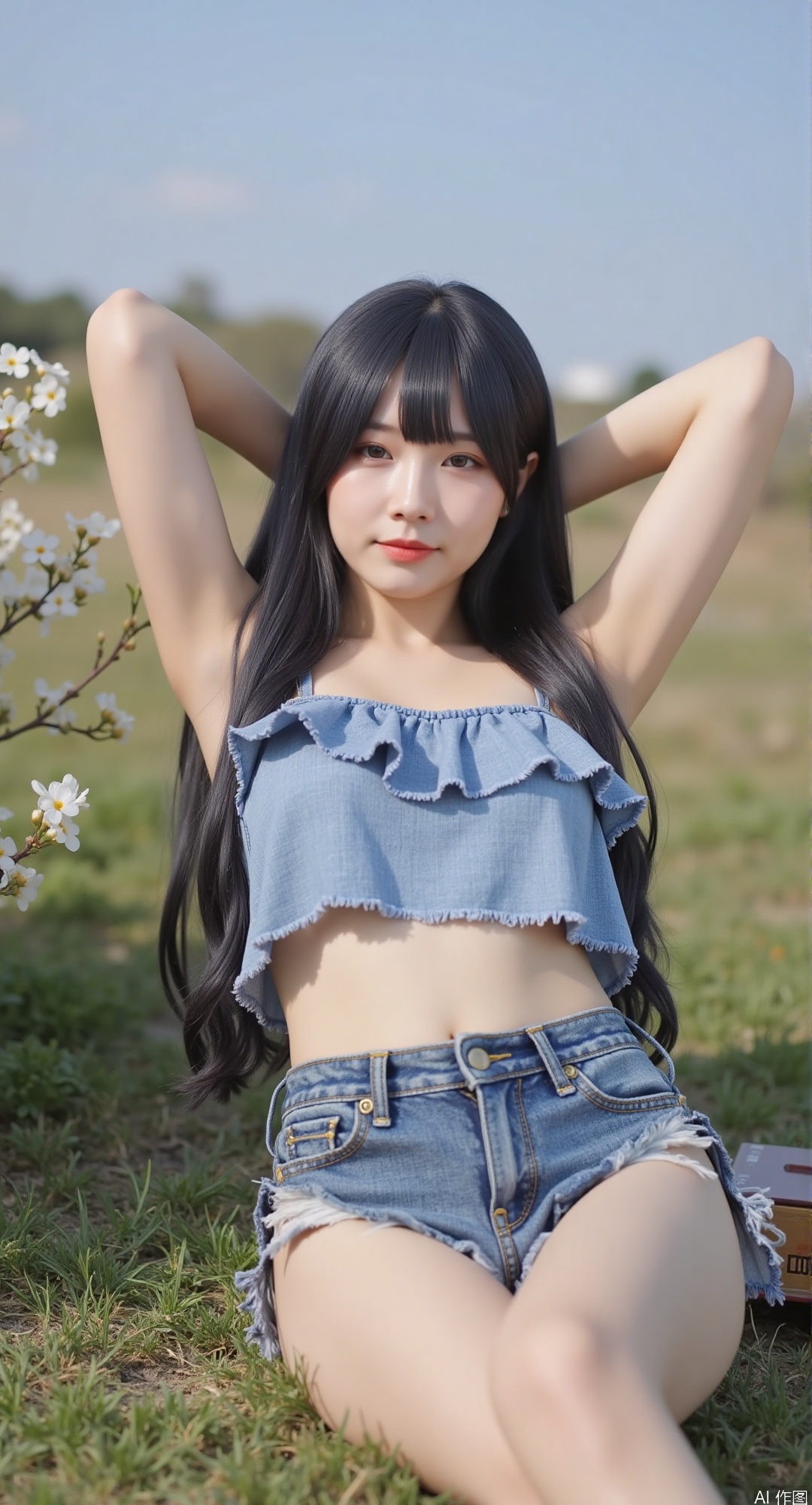 Long black - haired woman with bangs, wearing a light blue ruffled spaghetti strap top and distressed denim shorts, lies on a grassy field. Her hands rest behind her head, body relaxed. Surrounding elements include blooming wildflowers, a clear blue sky, and gentle sunlight, crafting a carefree outdoor scene.