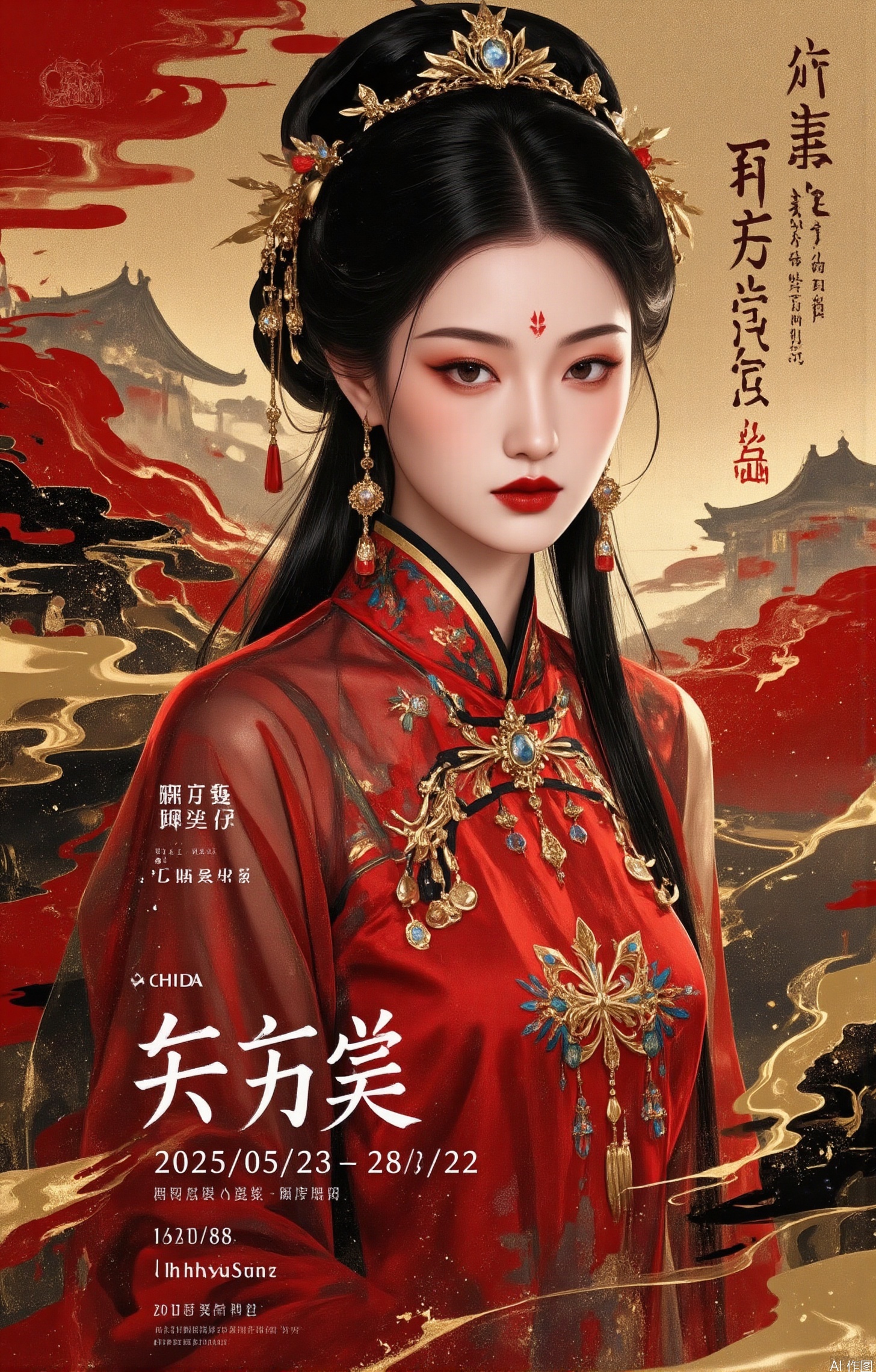 1girl, solo, long hair, breasts, looking at viewer, blue eyes, hair ornament, dress,, jewelry, upper body,  earrings, lips, see-through, makeup, chinese clothes, forehead mark, realistic, red lips,Red, Black and Gold Tone,Chinese characters, Chinese architecture,red poster