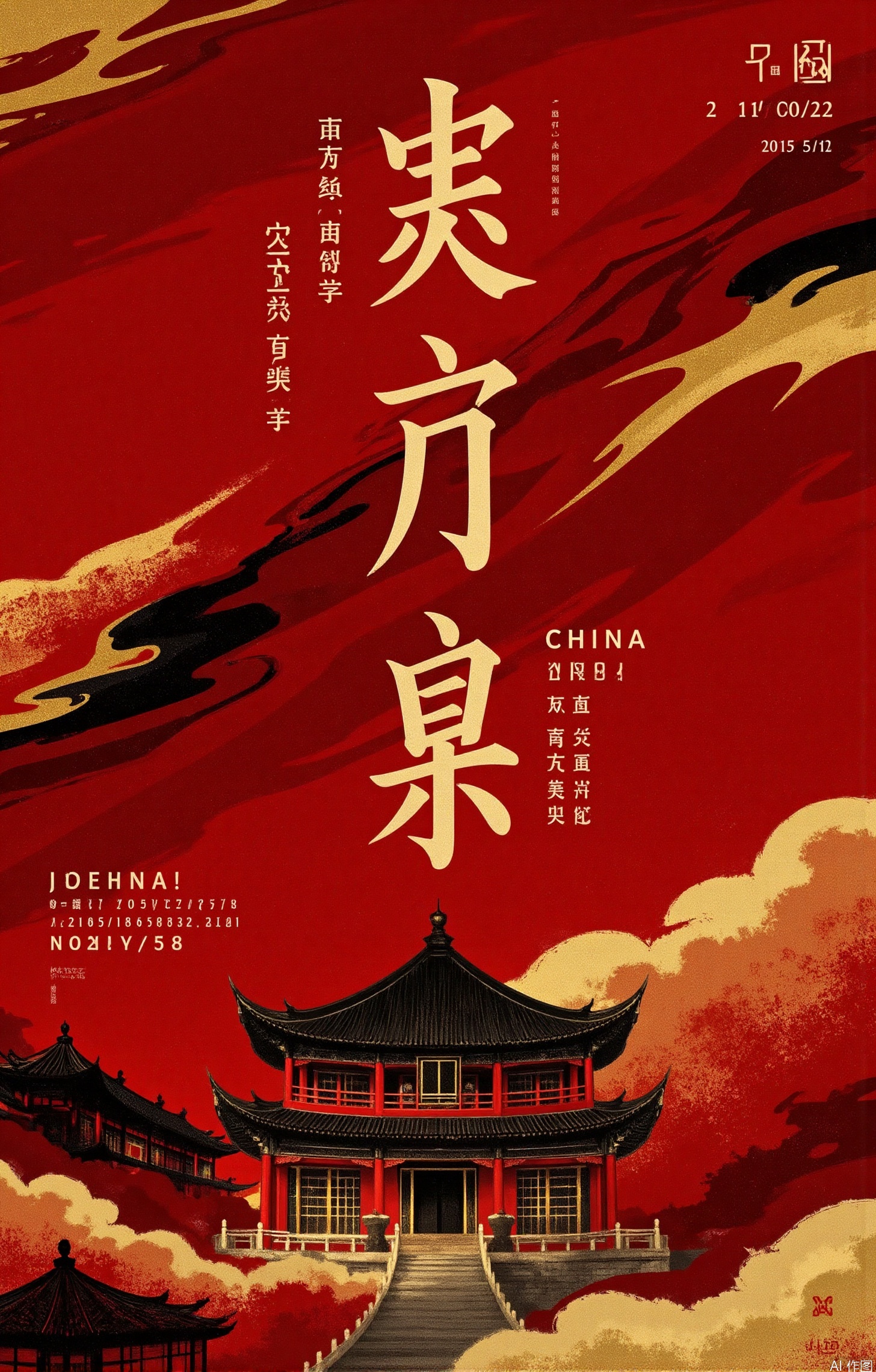 Red, Black and Gold Tone,Chinese characters, Chinese architecture,red poster