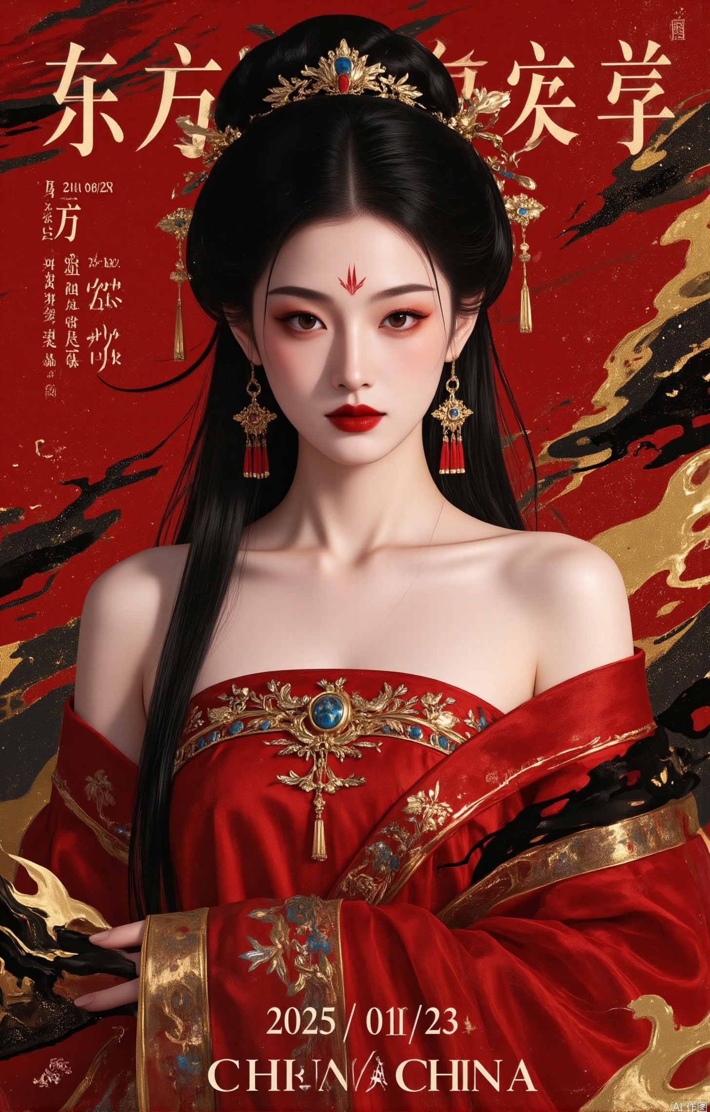 1girl, solo, long hair, breasts, looking at viewer, blue eyes, hair ornament, dress, bare shoulders, jewelry, upper body,  earrings, lips, see-through, makeup, chinese clothes, forehead mark, realistic, red lips,Red, Black and Gold Tone,Chinese characters, Chinese architecture,red poster