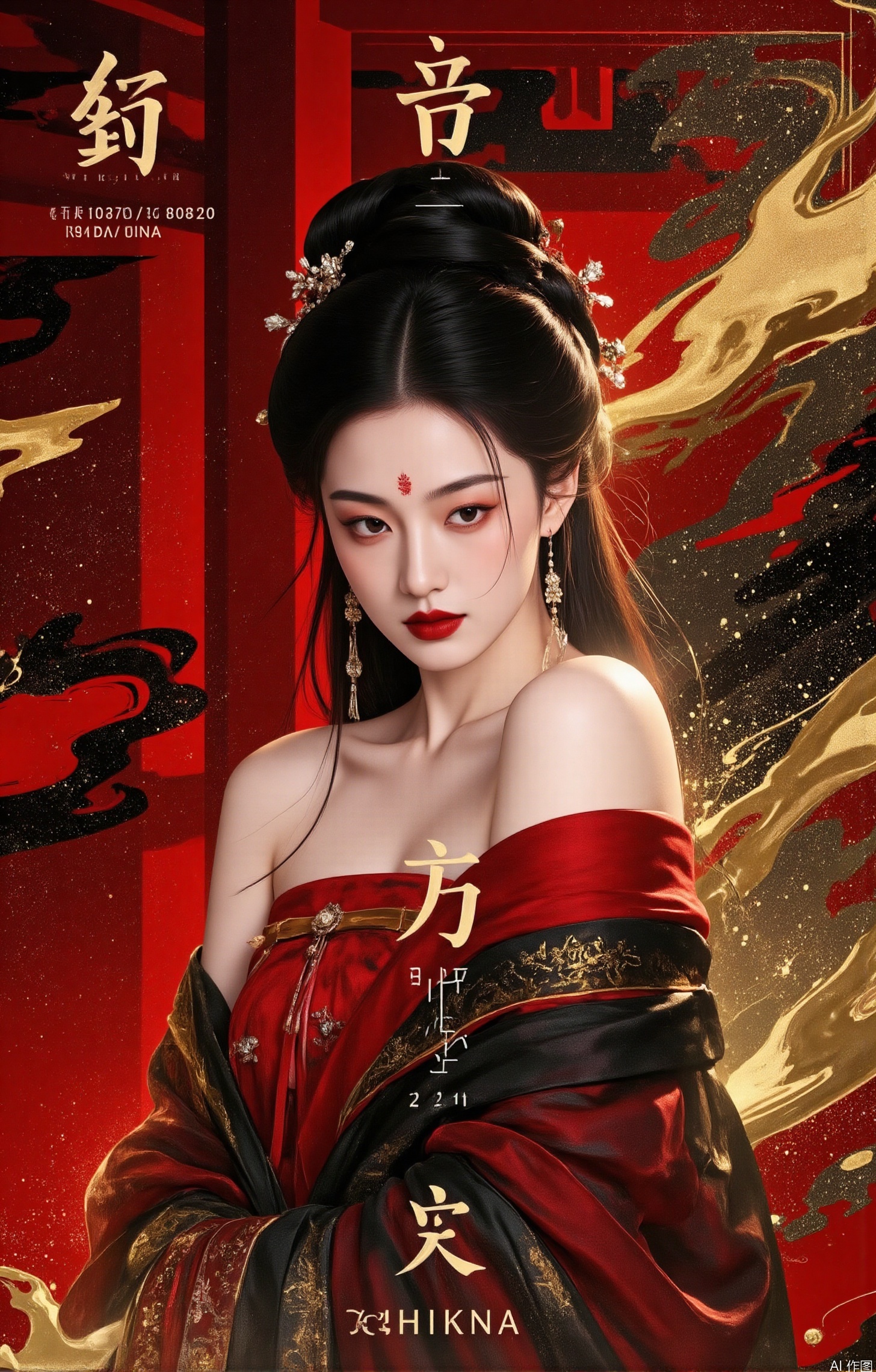 1girl, solo, long hair, breasts, looking at viewer, blue eyes, hair ornament, dress, bare shoulders, jewelry, upper body,  earrings, lips, see-through, makeup, chinese clothes, forehead mark, realistic, red lips,Red-black tone,Chinese character, red temple,Gold tones,Chinese architecture, ancient architecture