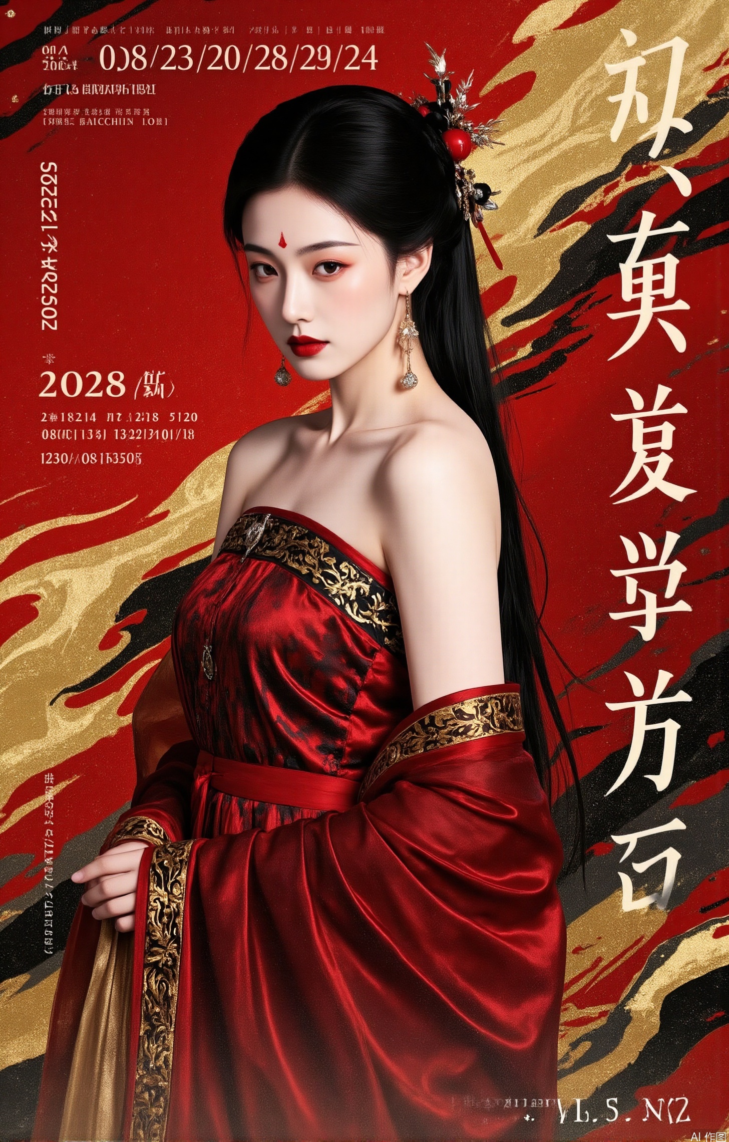 1girl, solo, long hair, breasts, looking at viewer, blue eyes, hair ornament, dress, bare shoulders, jewelry, upper body,  earrings, lips, see-through, makeup, chinese clothes, forehead mark, realistic, red lips,Red-black tone,Chinese character, red temple