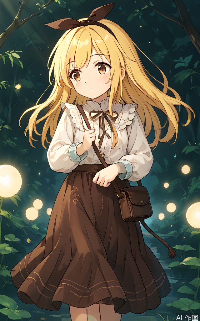 A serene portrait of YanQiaoke: a girl with long, vibrant yellow hair cascading down her back, adorned with a ribbon headband. She wears a crisp white shirt and flowsy brown skirt, carrying a shoulder bag in one hand. Her bright brown eyes gaze softly into the distance, framed by a warm, natural lighting that accentuates her gentle features.