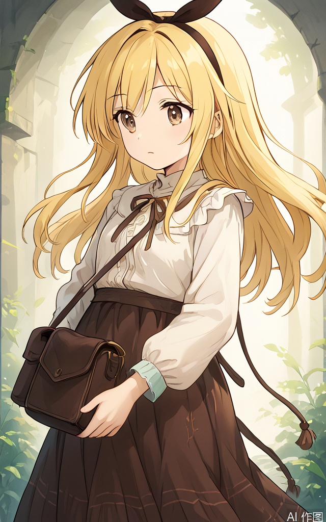A serene portrait of YanQiaoke: a girl with long, vibrant yellow hair cascading down her back, adorned with a ribbon headband. She wears a crisp white shirt and flowsy brown skirt, carrying a shoulder bag in one hand. Her bright brown eyes gaze softly into the distance, framed by a warm, natural lighting that accentuates her gentle features.
