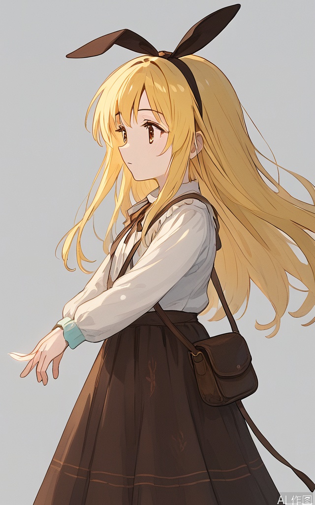 A serene portrait of YanQiaoke: a girl with long, vibrant yellow hair cascading down her back, adorned with a ribbon headband. She wears a crisp white shirt and flowsy brown skirt, carrying a shoulder bag in one hand. Her bright brown eyes gaze softly into the distance, framed by a warm, natural lighting that accentuates her gentle features.