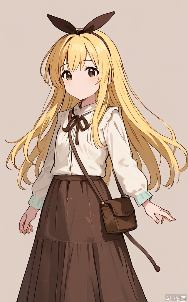 1girl,YanQiaoke,long_hair,yellow hair,shoulder bag,brown eyes,white shirt,Long skirt,brown skirt,ribbon headband