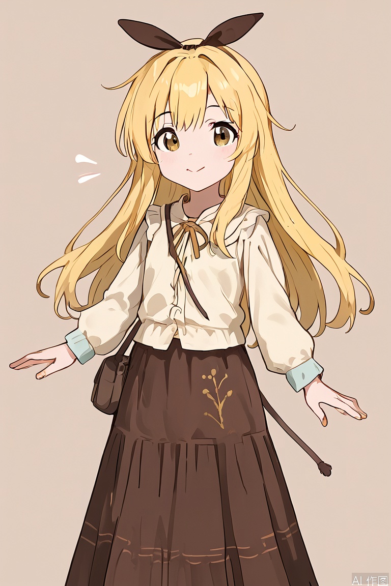 YanQiaoke,yellow hair,Cream shirt,Brown skirt,jump:1.1,simple background,geometric figure,swift figure,long skirt,cute,