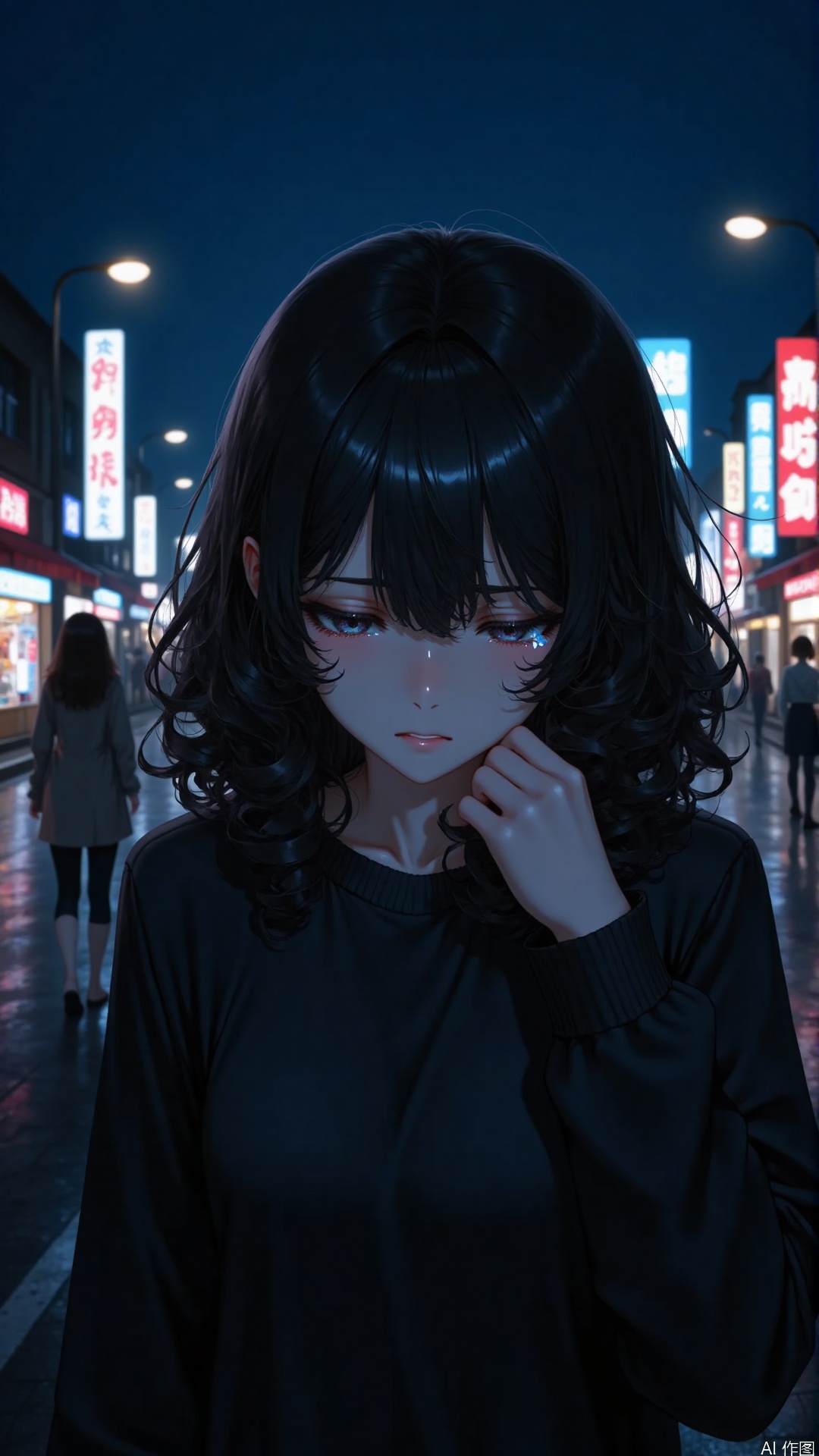 -Overall: Presenting characters in a nighttime street scene, with a lonely and desolate atmosphere.
-Painting style: anime animation style, soft and smooth lines, harmonious color matching, light and shadow effect to create an atmosphere.
-Composition: Characters occupy the main part of the picture, highlighting the subject through techniques such as background blurring.
-Perspective: Close up perspective, as if the viewer is in close proximity to the character, allowing for a clear view of their demeanor.
-Expression: With a sorrowful expression and tears in her eyes, she exudes feelings of loss and melancholy. Tears. Sad. Sad. Cry.
-Hairstyle: Dark colored long curly hair with natural curls, appearing fluffy and dynamic.
-Action: One hand lightly grabs the clothes, with a natural posture, as if self soothing, conveying a sense of helplessness.
-Clothing: Wearing a black top with a simple style, the material looks soft and comfortable.
-Makeup: Eye makeup stands out, emphasizing the teary feeling around the eyes, natural lip color, and overall light makeup that can enhance emotions.
-Matching: No complicated accessory matching, mainly solid color clothing, highlighting simplicity.
-Decoration: There is basically no obvious decoration, and the style is displayed through clothing and hairstyle.
-Background: At night, the streets are illuminated by streetlights, and blurry shop signs can be seen in the distance, creating a quiet and desolate atmosphere.
-Image quality: The picture is clear, with rich details, and the hair strands and clothing folds of the characters can be clearly displayed.