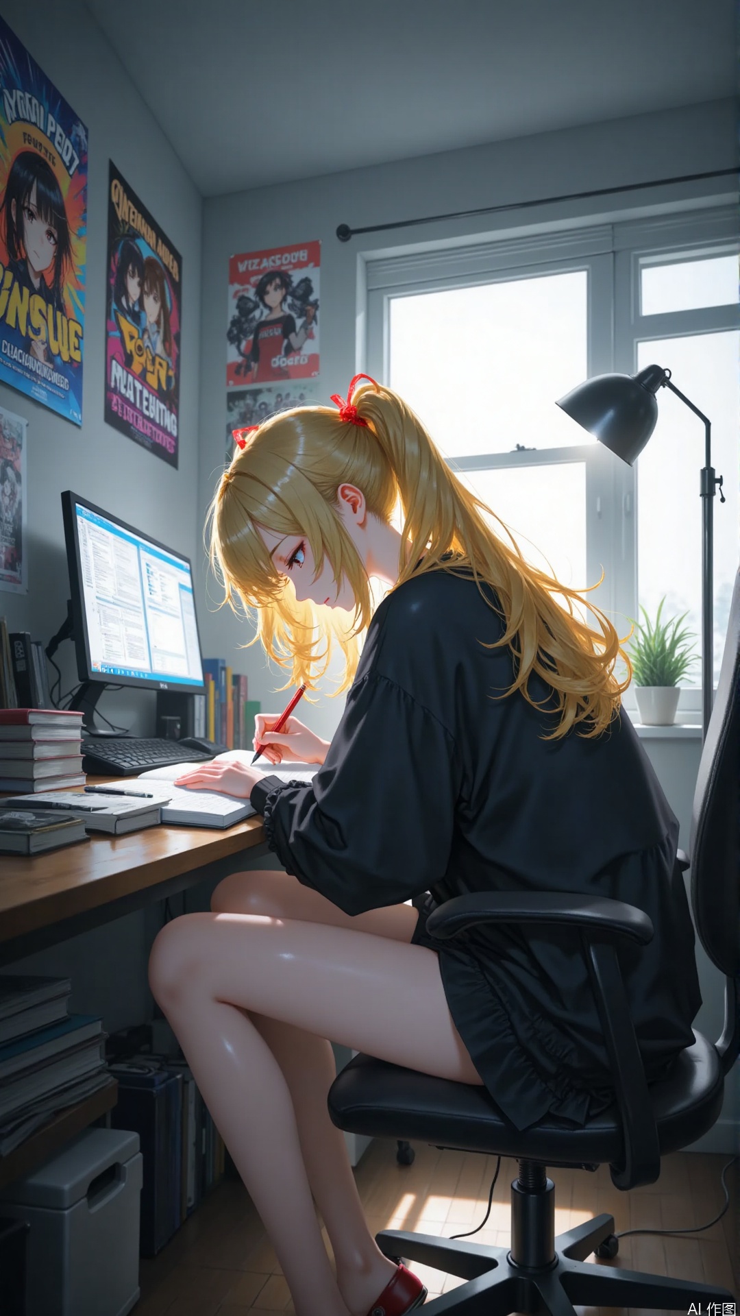 Overall
 
Depict a person indoors who is focused on studying or writing. The overall atmosphere is quiet and concentrated, with a touch of homely comfort.
 
Art Style
 
2D realistic art style. The picture is detailed, with soft colors and natural handling of light and shadow, vividly creating the indoor environment atmosphere.
 
Composition
 
The character is positioned at the center of the picture, in front of a desk. Elements such as the desk, desk lamp, and books are arranged around the character to form a centripetal composition, highlighting the character as the main subject.
 
Perspective
 
Eye - level perspective, as if the viewer is in the same room as the character, able to directly observe the character's state.
 
Expression
 
The expression is focused and earnest, with eyes looking at the book, revealing a sense of immersion in the task at hand.
 
Hairstyle
 
Blonde double ponytails with slightly curled ends, paired with red hair accessories, looking lively, playful and full of youthful vitality.
 
Action
 
Holding a red pencil and writing or drawing in a book. The posture is upright and the movement is natural and smooth, showing a serious working state.
 
Clothing
 
Wearing a loose black top and black shorts. The style is simple and comfortable, suitable for a home - study or work scene.
 
Makeup
 
The makeup is fresh and natural, emphasizing the brightness of the eyes, giving an overall youthful and clean look.
 
Matching
 
No excessive or complicated matching. It mainly features simple home - wear, showing a comfortable and casual style.
 
Decoration
 
There are red hair accessories as embellishments in the hair. Anime posters are hung on the walls of the room, adding elements of personal interest.
 
Background
 
Indoor environment with items such as a desk, desk lamp, bookshelf, and computer for study and daily life. Natural light streams in through the window, and anime posters are hung on the walls, creating a warm and personalized space.
 
Image Quality
 
The picture is high - definition with rich details. The texture of the character's skin, the folds of the clothing, and the texture of indoor items are all depicted exquisitely and realistically, with natural light and shadow transitions.