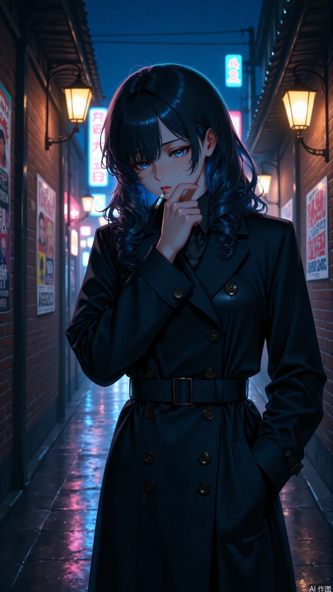 Overall: Depict a character in the streets and alleys, creating a scene with a lonely and melancholy atmosphere.
Art style: Adopt a 2D anime style, with smooth lines, vivid colors and a strong sense of atmosphere, and delicate handling of light and shadow.
Composition: The character is positioned slightly off - center in the picture. Use the depth of field of the alley to form a leading - line composition, enhancing the sense of space in the picture.
Perspective: Depicted from a eye - level perspective, giving people a sense of being on - site and observing the character up close.
Expression: The character has a lonely and melancholy expression on his/her face, with tears seemingly in the eyes, conveying complex emotions.
Hairstyle: Long, curly hair in a dark color with a blue gradient. The hair is smooth and shiny, naturally falling and curling, adding a sense of softness and individuality to the character.
Action: The character has one hand in the pocket and the other hand raised, holding a cigarette near the mouth, with a casual, somewhat unruly and lazy posture.
Clothing: Wear a classic black double - breasted trench coat with a belt design at the waist to highlight the body curve, showing competence and handsomeness.
Make - up: The make - up is natural but emphasizes the depth and tear - like feeling of the eyes. The emotions are reflected through subtle color changes, and the lip color is low - key and natural.
Matching: No excessive and complicated matching, mainly focusing on the trench coat to highlight simplicity and freedom.
Decoration: No obvious additional decorations, mainly relying on the character's own temperament and the characteristics of the clothing.
Background: An ancient alley at night. The ground is wet as if it has just rained. There are brick walls on both sides. On one side, there are colorful posters, and on the other side, there are retro street lamps. In the distance, there are neon signs, creating a retro and slightly psychedelic atmosphere.
Image quality: High - definition. The picture is rich in details, with natural color transitions, and the textures of the character and the background are clearly distinguishable.