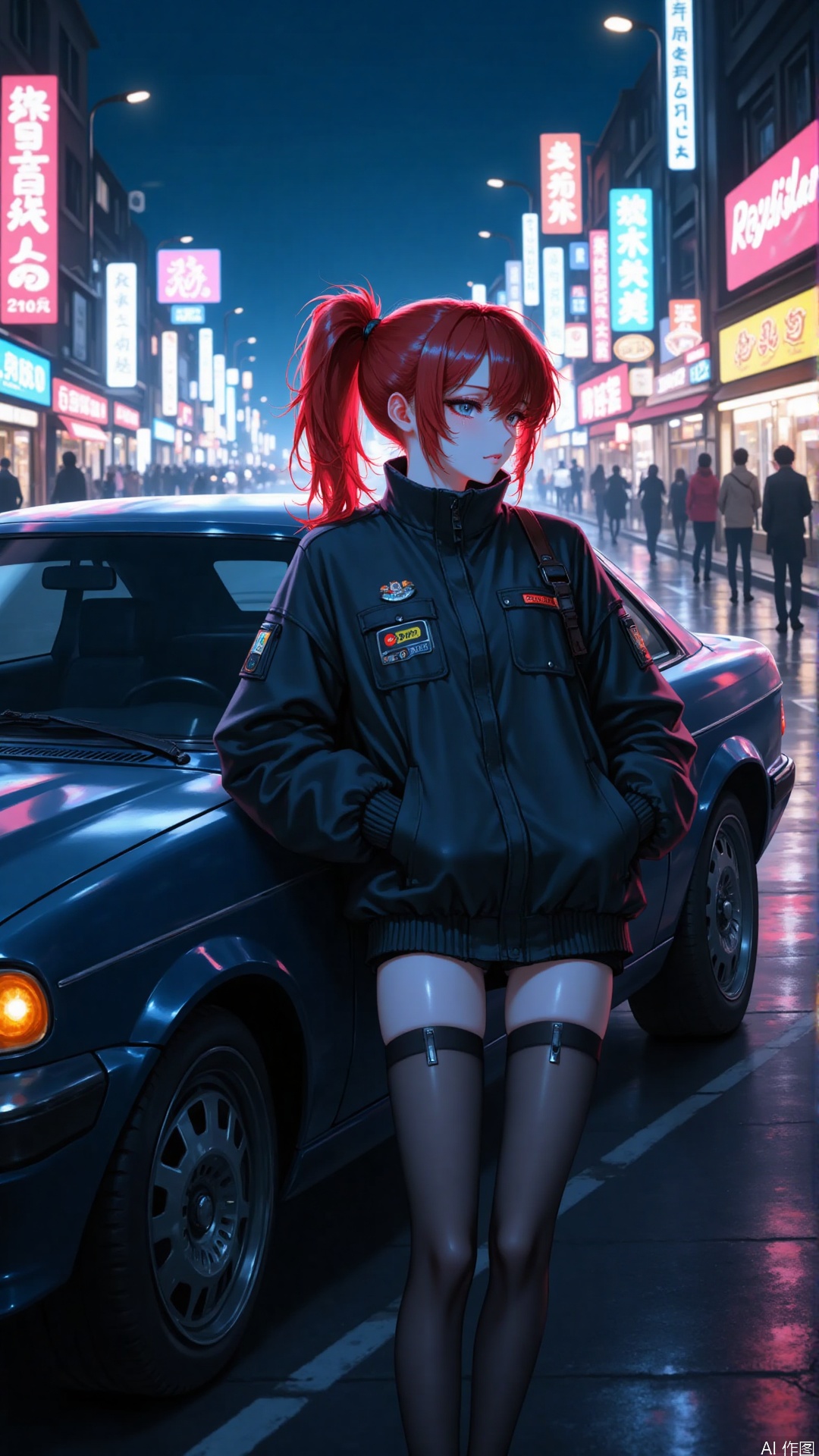 Overall
 
Show a character leaning against a car on a city street at night, creating a cool, individualistic and slightly mysterious atmosphere.
 
Art Style
 
2D cyberpunk style, with tough and neat lines, strong color contrast. It mainly uses cool colors, supplemented by warm - toned embellishments of neon lights. Exquisite light and shadow effects are used to create a sense of futurism and fashion.
 
Composition
 
The character is positioned slightly to the right of the center of the picture. Leaning against the car, it forms a stable and dynamic composition. The combination of the character and the car becomes the visual focus, and the urban night - view in the background serves as a foil, enhancing the depth of field of the picture.
 
Perspective
 
Eye - level perspective, as if the viewer is on - site and in the same space as the character, able to directly feel the character's aura and posture.
 
Expression
 
The expression is cold and indifferent, revealing a sense of unruly and self - confidence, as if not caring about the surrounding environment, showing a powerful aura.
 
Hairstyle
 
A bright red high ponytail, neat and dynamic, highlighting the character's vitality and individuality, and standing out particularly in the night.
 
Action
 
One hand in the pocket, the body leaning against the car, one leg naturally extended. The posture is relaxed, spontaneous and free - and - easy, fully demonstrating confident charm.
 
Clothing
 
A black short - style jacket with functional pockets and decorative details, paired with ultra - short shorts, showing long leg lines. Wear black stockings on the legs, paired with black Martin boots. The overall look is both stylish and practical.
 
Makeup
 
The makeup is exquisite and futuristic, emphasizing the outline of the eyes. Metallic or dark eyeshadows may be used, and the lip color is on the darker side, matching the overall cold and glamorous style.
 
Matching
 
No excessive and complicated accessories. The matching style is shown through the design and material contrast of the clothing itself, such as the matching of the jacket's material with the stockings and boots.
 
Decoration
 
There are small badges or logos on the jacket to add details and individualistic elements. There are no other obvious decorations.
 
Background
 
A bustling urban night - view. The street is wet and reflects the neon lights. The shop signs on the street are flashing, creating a cyberpunk - style future urban atmosphere.
 
Image Quality
 
High - definition. The picture is rich in details. Whether it's the character's hair strands, clothing texture, or the metallic texture of the car and the halo of the background lights, they are all depicted exquisitely and realistically.
