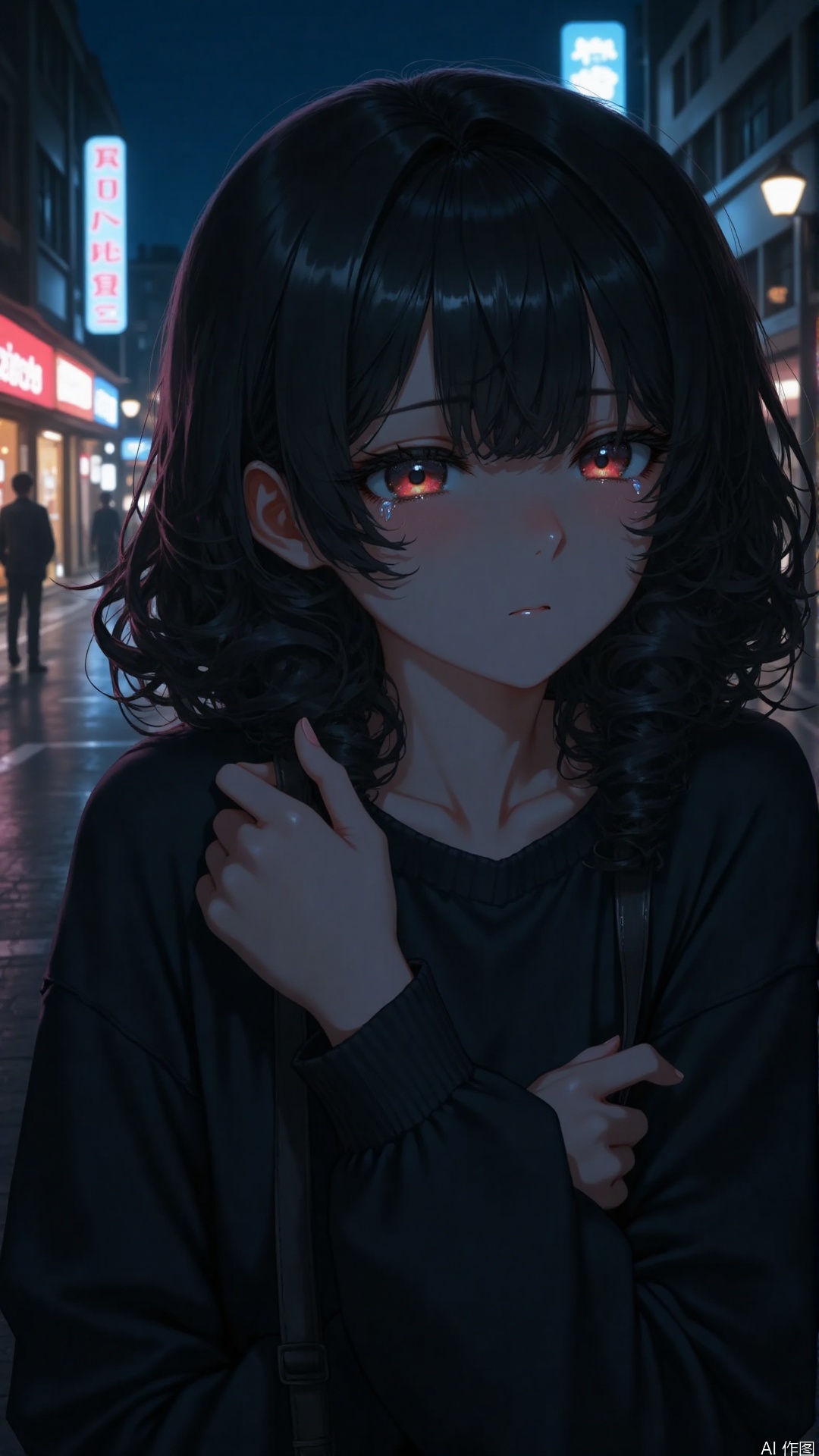 -Overall: Presenting characters in a nighttime street scene, with a lonely and desolate atmosphere.
-Painting style: anime animation style, soft and smooth lines, harmonious color matching, light and shadow effect to create an atmosphere.
-Composition: Characters occupy the main part of the picture, highlighting the subject through techniques such as background blurring.
-Perspective: Close up perspective, as if the viewer is in close proximity to the character, allowing for a clear view of their demeanor.
-Expression: With a sorrowful expression and tears in her eyes, she exudes feelings of loss and melancholy. Tears. Sad. Sad. Cry. Tears.
-Hairstyle: Dark colored long curly hair with natural curls, appearing fluffy and dynamic.
-Action: One hand lightly grabs the clothes, with a natural posture, as if self soothing, conveying a sense of helplessness.
-Clothing: Wearing a black top with a simple style, the material looks soft and comfortable.
-Makeup: Eye makeup stands out, emphasizing the tears in the eyes, natural lip color, and overall light makeup that can enhance emotions.
-Matching: Mainly use solid color clothing to highlight simplicity.
-Background: At night, the streets are illuminated by streetlights, and blurry shop signs can be seen in the distance, creating a quiet and desolate atmosphere.
-Image quality: The picture is clear, with rich details, and the hair strands and clothing folds of the characters can be clearly displayed.