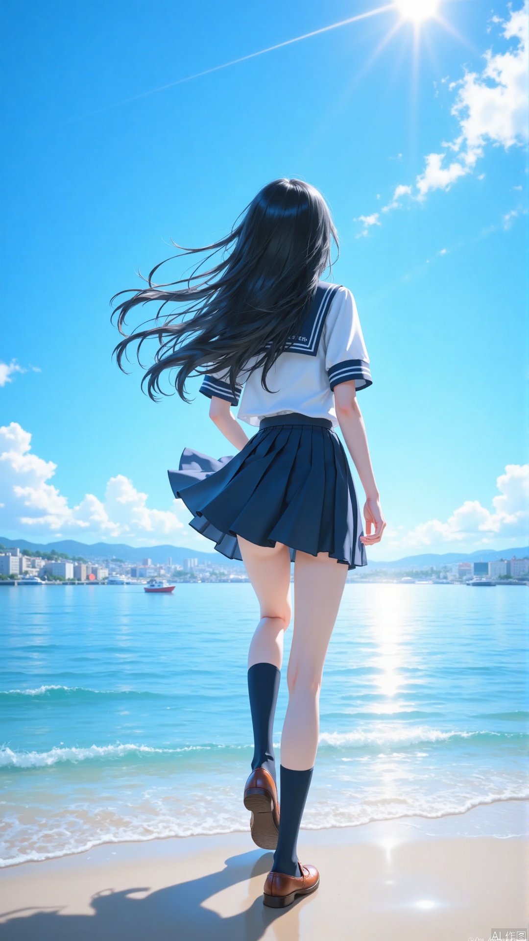 Overall
 
Show the back view of a character at the seaside, creating a free, pleasant and slightly憧憬- filled atmosphere.
 
Art Style
 
2D aesthetic style, with smooth and soft lines, bright and fresh colors, depicting a touching scene with delicate brushstrokes.
 
Composition
 
The character is positioned at the center of the picture. With the sea and sky as the background, it uses the central composition method to highlight the character as the main subject. Meanwhile, the extended coastline and the open sky are used to enhance the depth of field of the picture.
 
Perspective
 
A back - view perspective, as if the viewer is following behind the character, experiencing the sea breeze and scenery together, adding a sense of immersion to the picture.
 
Expression
 
Since it's a back view, the expression can't be directly seen, but the posture suggests a relaxed and joyful state, as if immersed in beauty.
 
Hairstyle
 
Long, shiny black hair fluttering in the wind, showing a sense of dynamic beauty.
 
Action
 
The character is walking forward with light steps and an elegant posture, reflecting a leisurely and carefree state.
 
Clothing
 
In the classic sailor - suit style, with a white top paired with a dark pleated short skirt, dark thigh - high socks and brown shoes, brimming with youthful vitality.
 
Makeup
 
The makeup is fresh and light, highlighting the natural complexion of a young girl and emphasizing innocence and vitality.
 
Matching
 
Mainly featuring a simple sailor suit with harmonious color - matching, showing a youthful style through the classic style.
 
Decoration
 
The sailor suit has iconic decorations such as bow ties. There are no excessive or complicated ornaments, simple and elegant.
 
Background
 
The vast sea sparkles, with the distant outlines of the city and mountains faintly visible. The sky is blue and the clouds are white, forming a broad and beautiful seaside scenery.
 
Image Quality
 
The picture is high - definition with rich details. The character's hair strands, clothing folds, as well as the clouds in the sky and the light and shadow on the sea are all depicted exquisitely and realistically, with natural color transitions.