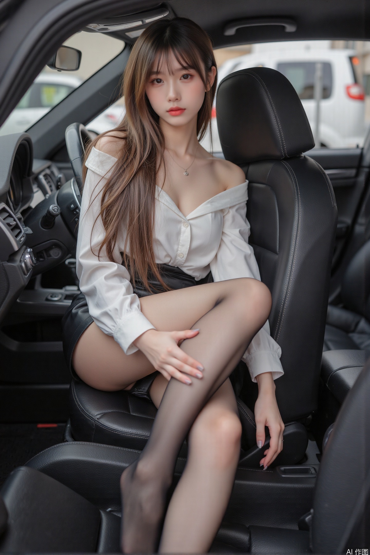 Realistic photo, one young woman, long hair, fair skin, big breast, off-shoulder shirt, short leather skirt, long legs, shiny stockings, foot, toes, full body, sitting on Porsche car seat,