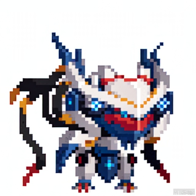 solo, blue eyes, simple background, white background, standing, full body, weapon, sword, pokemon \(creature\), no humans,robot, transparent background,SoulKnight,pixel style