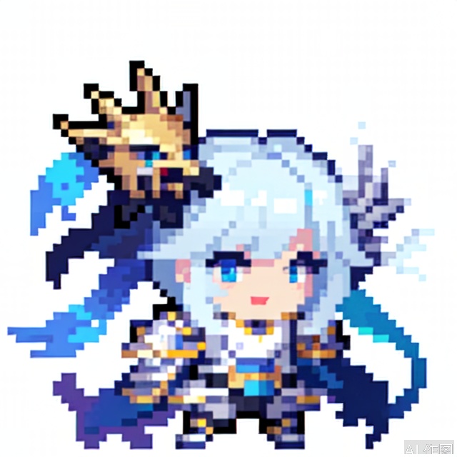 solo, smile, open mouth, blue eyes, 1boy, blue hair, full body, :d, male focus, chibi, armor, transparent background,SoulKnight,pixel style