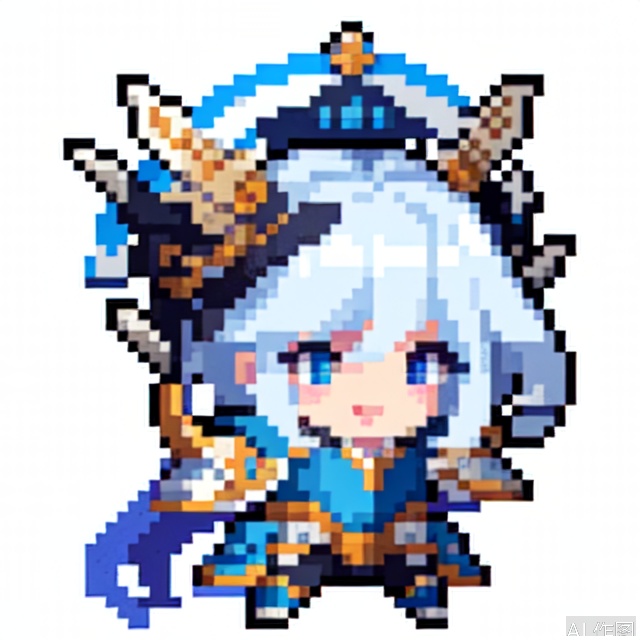 solo, smile, open mouth, blue eyes, 1boy, blue hair, full body, :d, male focus, chibi, armor, transparent background,SoulKnight,pixel style