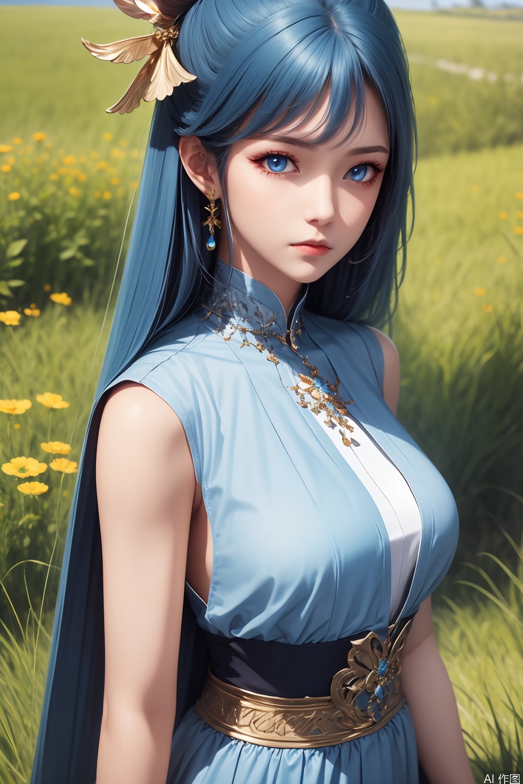 1girl, solo, long hair, looking at viewer, blue eyes, hair ornament, dress, jewelry, blue hair, earrings,masterpiece,best quality,official art,extremely detailed CG unity 8k wallpaper,
upper body,looking at viewer,in a meadow,