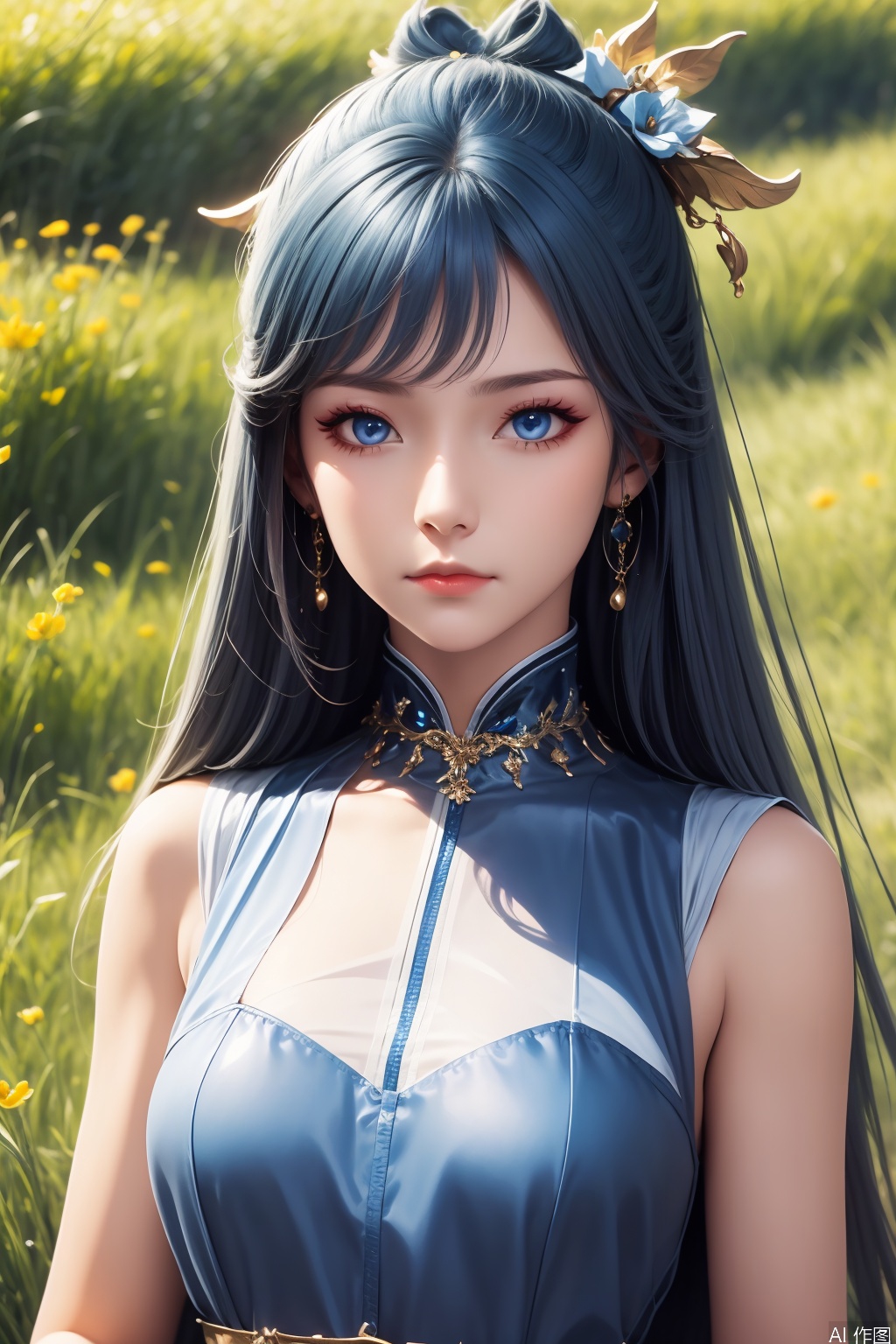 1girl, solo, long hair, looking at viewer, blue eyes, hair ornament, dress, jewelry, blue hair, earrings,masterpiece,best quality,official art,extremely detailed CG unity 8k wallpaper,
upper body,looking at viewer,in a meadow,