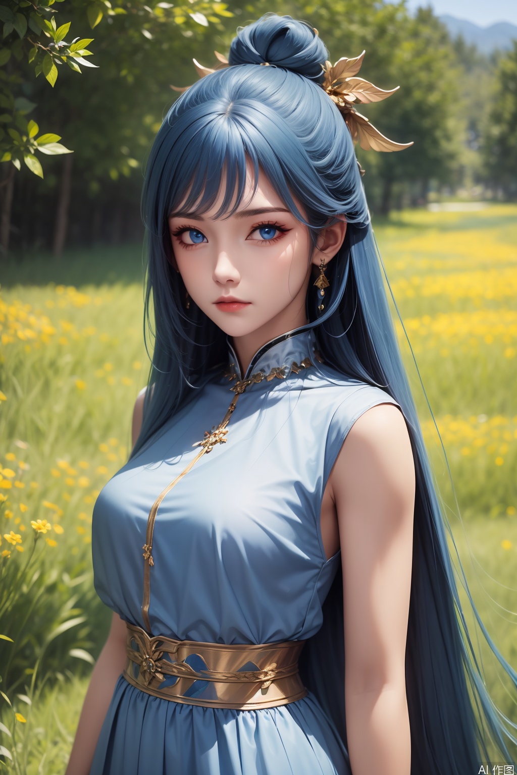 1girl, solo, long hair, looking at viewer, blue eyes, hair ornament, dress, jewelry, blue hair, earrings,masterpiece,best quality,official art,extremely detailed CG unity 8k wallpaper,
upper body,looking at viewer,in a meadow,