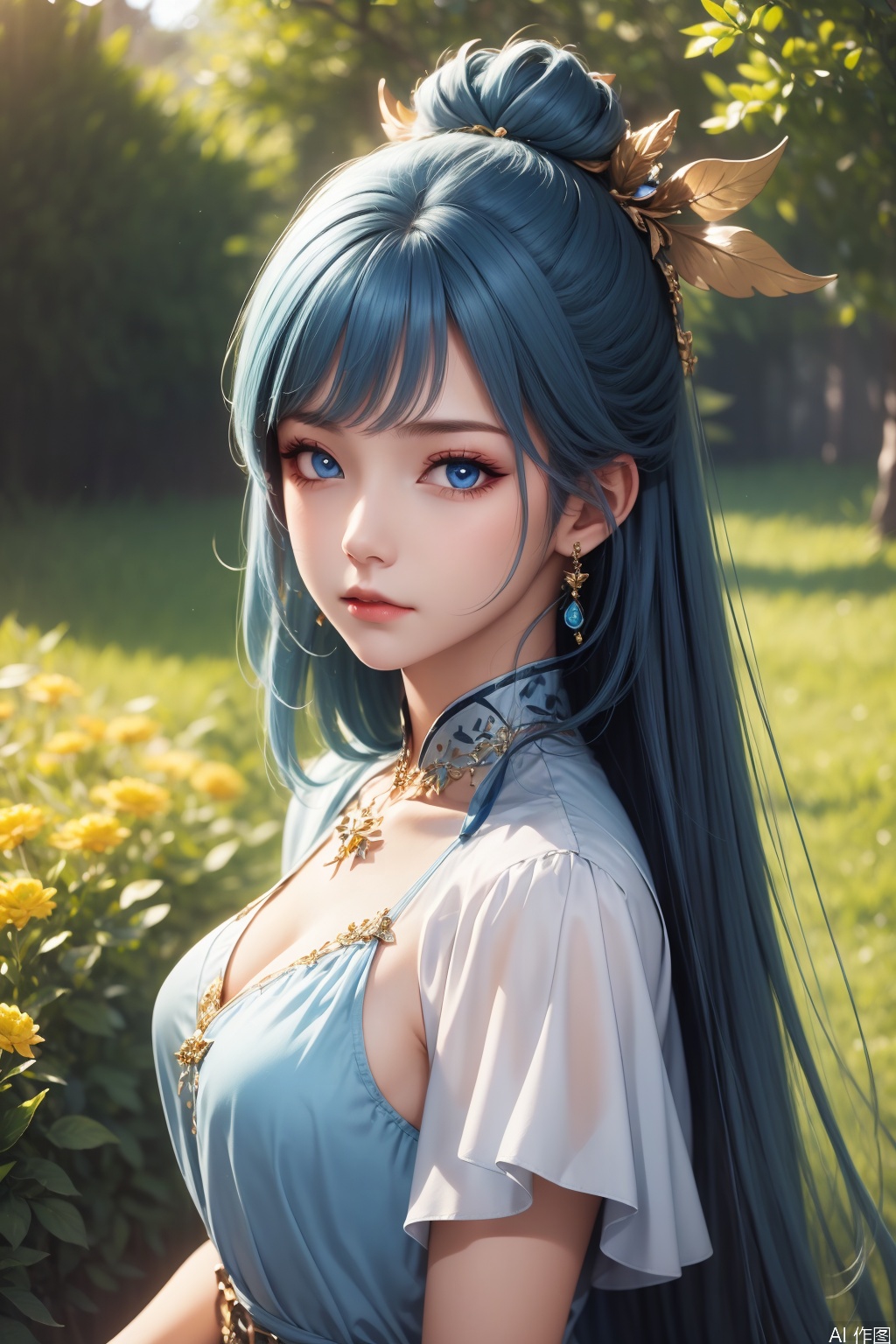 1girl, solo, long hair, looking at viewer, blue eyes, hair ornament, dress, jewelry, blue hair, earrings,masterpiece,best quality,official art,extremely detailed CG unity 8k wallpaper,
upper body,looking at viewer,in a meadow,