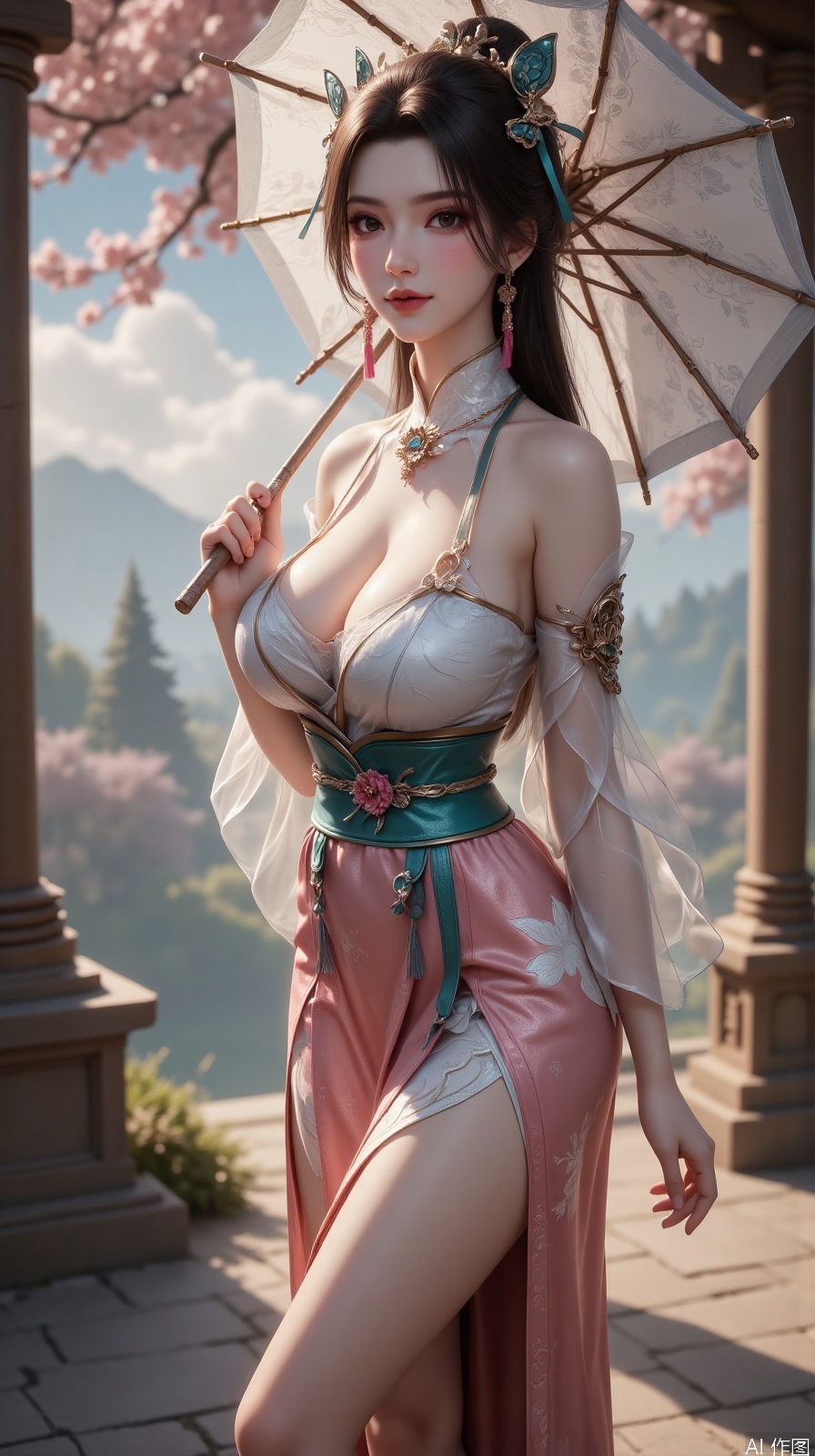 Ancient style illustration style standing posture, with a double-breasted skirt made of tinsel material with embroidered silk, holding a bamboo bone oil paper umbrella to look back, hair accessories are made of dotted green butterfly hairpin, background ink and landscape blurred, Octane rendering retains hand-painted texture brush marks ```