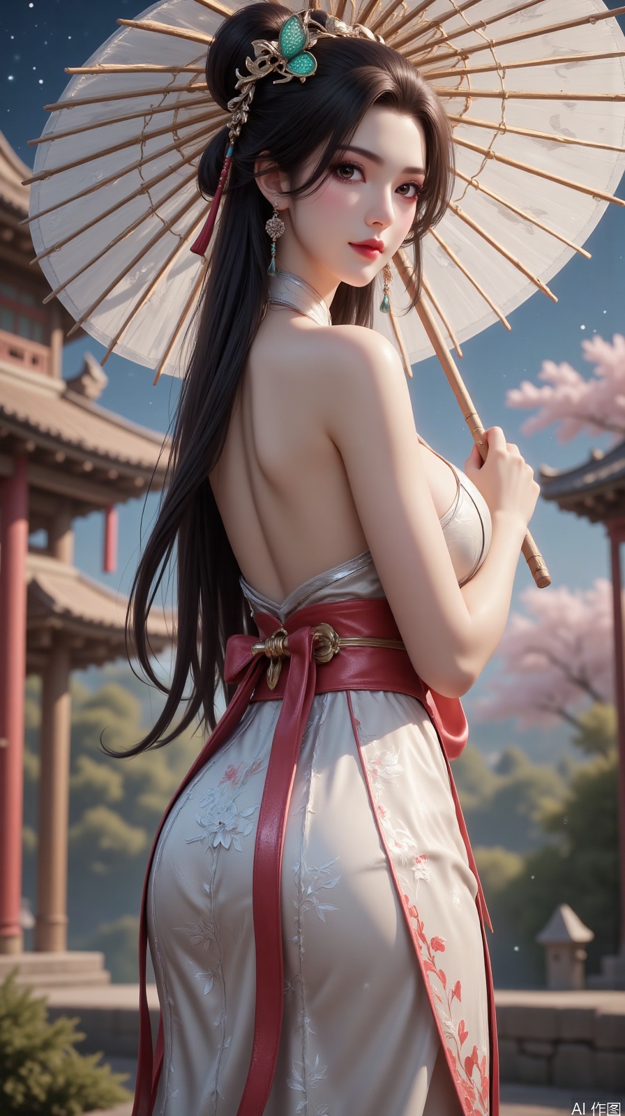 Ancient style illustration style standing posture, with a double-breasted skirt made of tinsel material with embroidered silk, holding a bamboo bone oil paper umbrella to look back, hair accessories are made of dotted green butterfly hairpin, background ink and landscape blurred, Octane rendering retains hand-painted texture brush marks ```