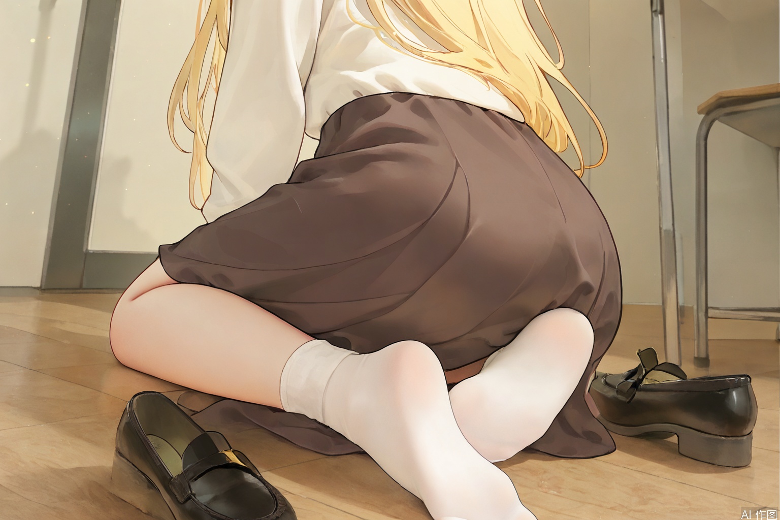 A YanQiaoke sits on a worn wooden floor, her long, curly yellow hair tied back with a ribbon headband. She wears a white shirt and a brown skirt, the latter lifted to reveal her socks and toes. Her brown eyes flash with disgust as she holds her shoes in one hand and lifts the hem of her skirt with the other, her feet bare and pale.