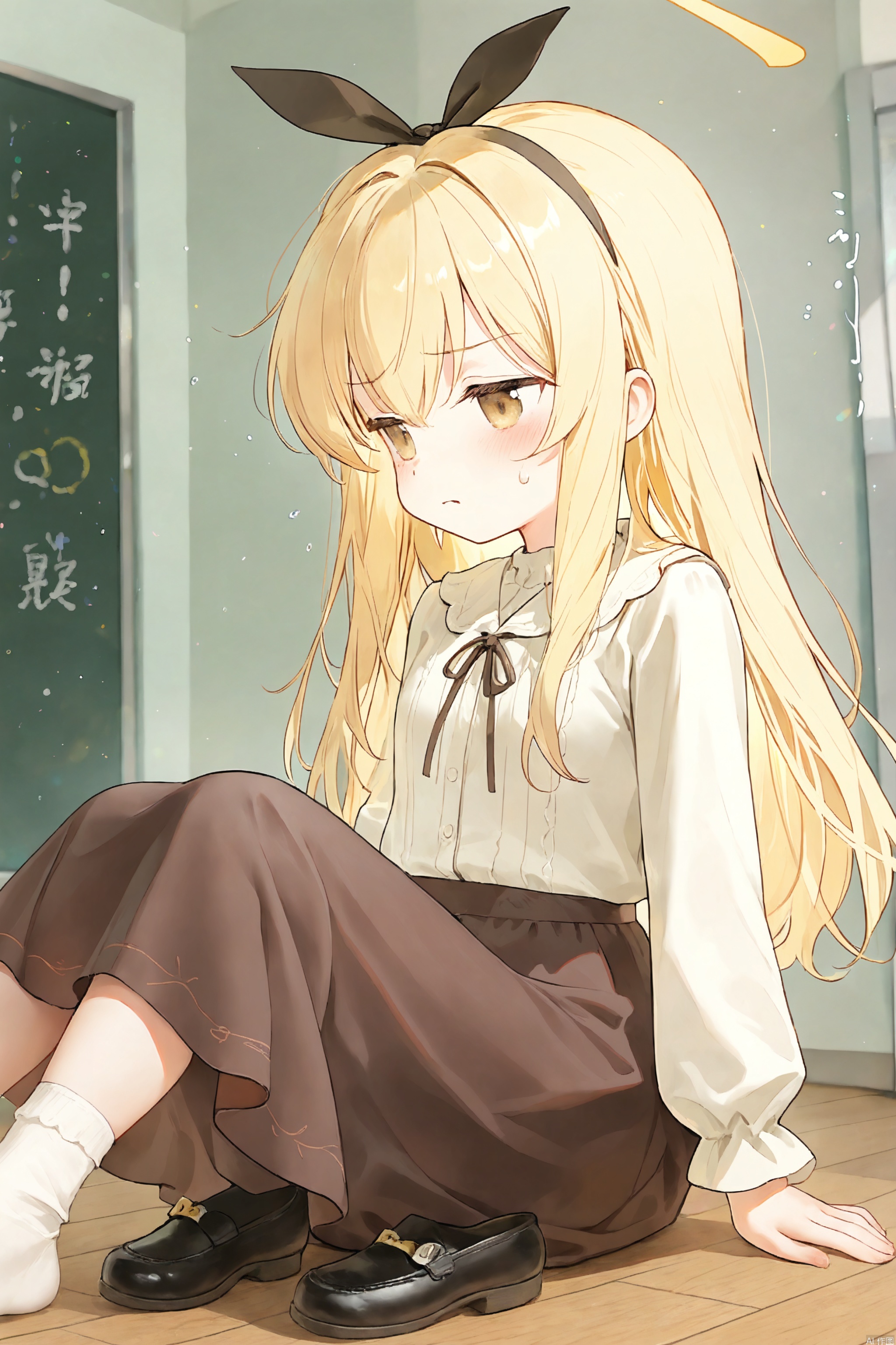 A YanQiaoke sits on a worn wooden floor, her long, curly yellow hair tied back with a ribbon headband. She wears a white shirt and a brown skirt, the latter lifted to reveal her socks and toes. Her brown eyes flash with disgust as she holds her shoes in one hand and lifts the hem of her skirt with the other, her feet bare and pale.