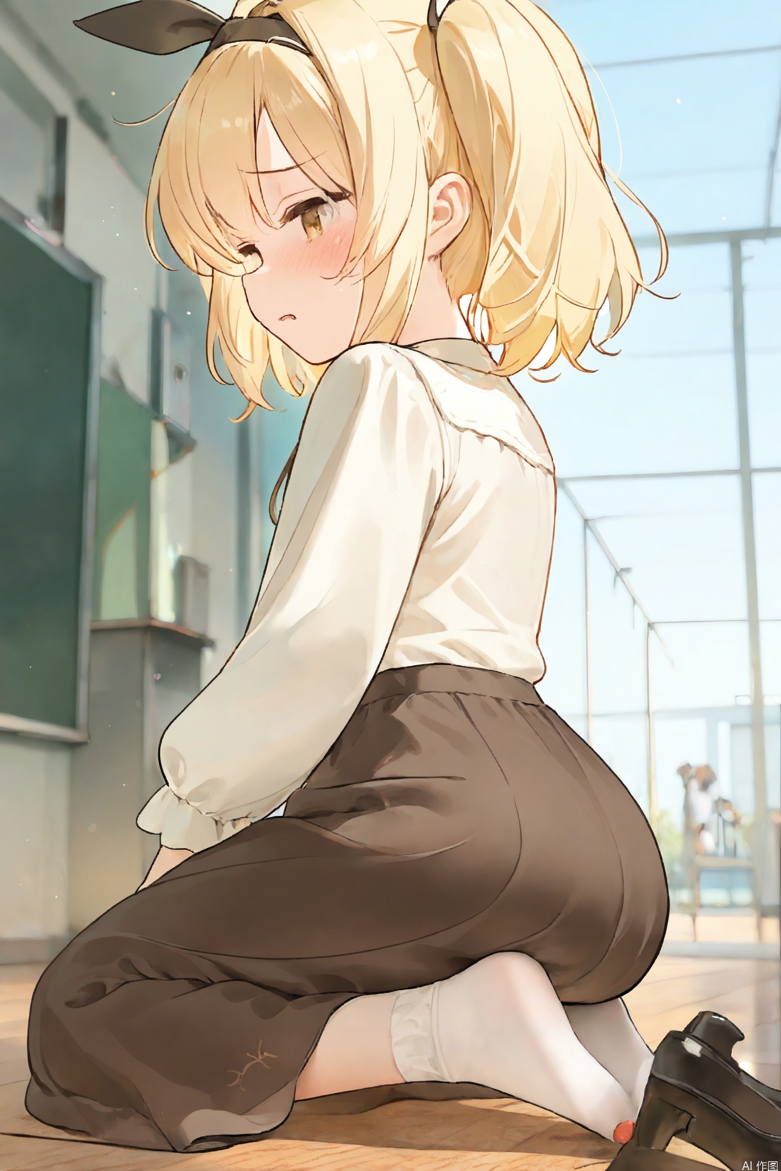 A YanQiaoke sits on a worn wooden floor, her long, curly yellow hair tied back with a ribbon headband. She wears a white shirt and a brown skirt, the latter lifted to reveal her socks and toes. Her brown eyes flash with disgust as she holds her shoes in one hand and lifts the hem of her skirt with the other, her feet bare and pale.