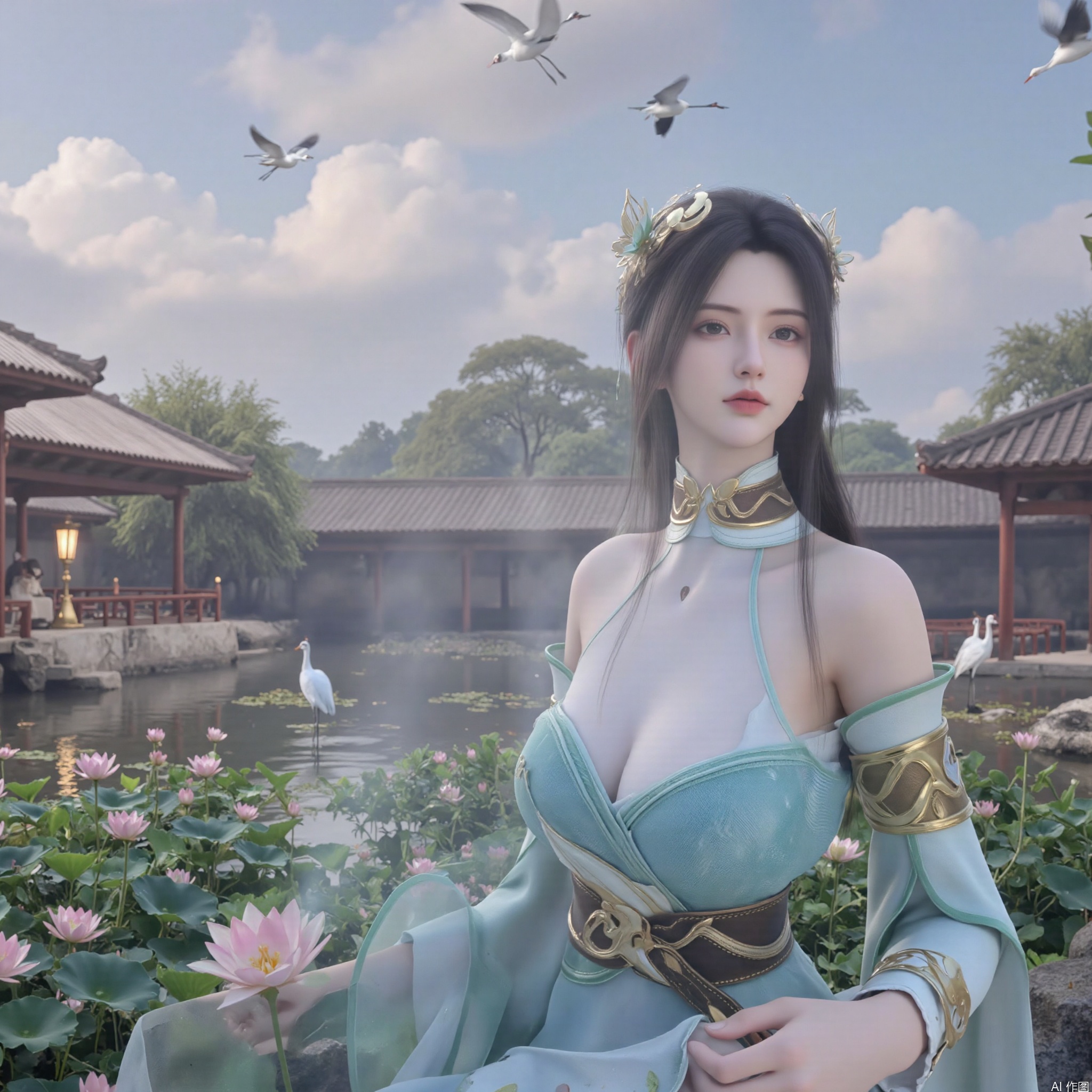 SFW,(masterpiece:1.2),best quality,1girl,solo,long hair,long dress,Half lying,celestial maiden in flowing tulle gown levitates above lotus pond, ethereal mist trails from hair ribbons, mythical Penglai paradise emerges through clouds with glowing pavilions, translucent bioluminescent lotus blooms, flock of cranes gliding over water surface, ultra HD with soft 3D rendering, morning light filters through mist, falling petal rain, intricate details on scale-patterned fabric and lotus veins.(huge breasts:2.99),(full breasts:2.99),XliumeiY