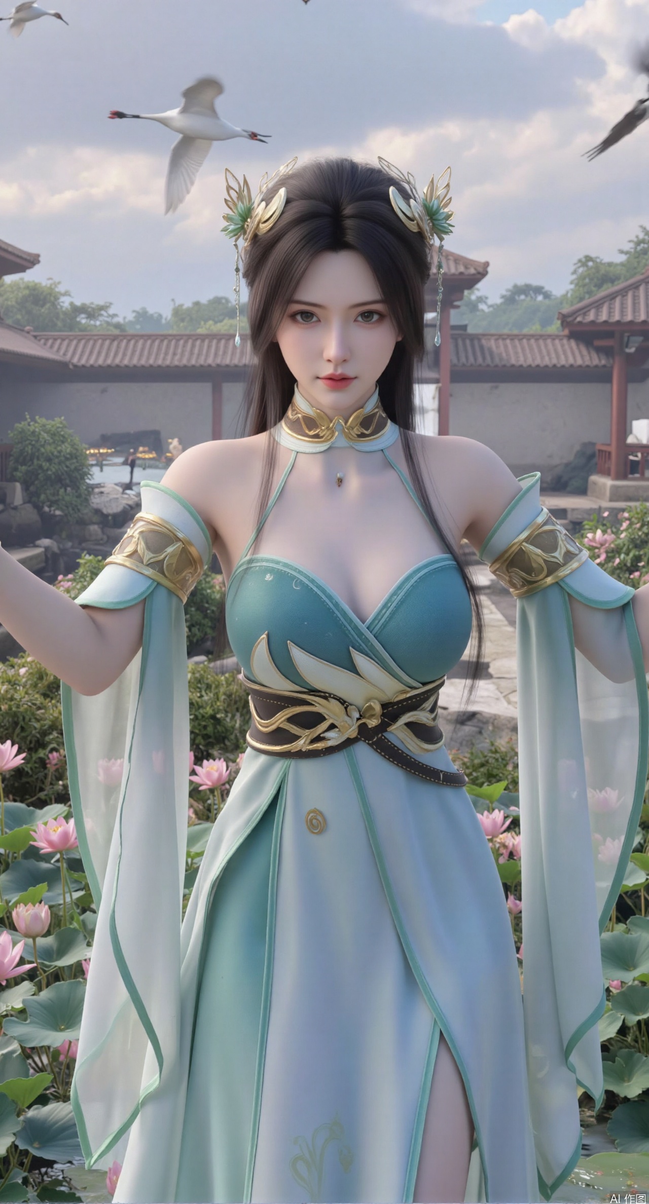 SFW,(masterpiece:1.2),best quality,1girl,solo,long hair,long dress,celestial maiden in flowing tulle gown levitates above lotus pond, ethereal mist trails from hair ribbons, mythical Penglai paradise emerges through clouds with glowing pavilions, translucent bioluminescent lotus blooms, flock of cranes gliding over water surface, ultra HD with soft 3D rendering, morning light filters through mist, falling petal rain, intricate details on scale-patterned fabric and lotus veins.(huge breasts:2.99),(full breasts:2.99),XliumeiY