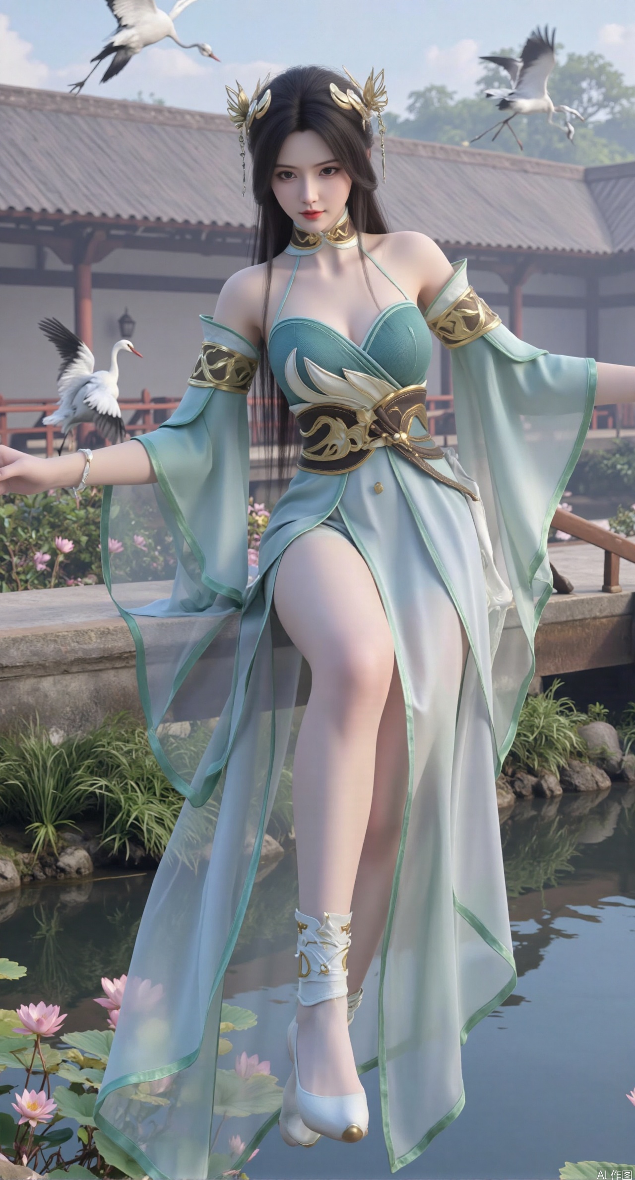 SFW,(masterpiece:1.2),best quality,1girl,solo,long hair,long dress,celestial maiden in flowing tulle gown levitates above lotus pond, ethereal mist trails from hair ribbons, mythical Penglai paradise emerges through clouds with glowing pavilions, translucent bioluminescent lotus blooms, flock of cranes gliding over water surface, ultra HD with soft 3D rendering, morning light filters through mist, falling petal rain, intricate details on scale-patterned fabric and lotus veins.(huge breasts:2.99),(full breasts:2.99),XliumeiY