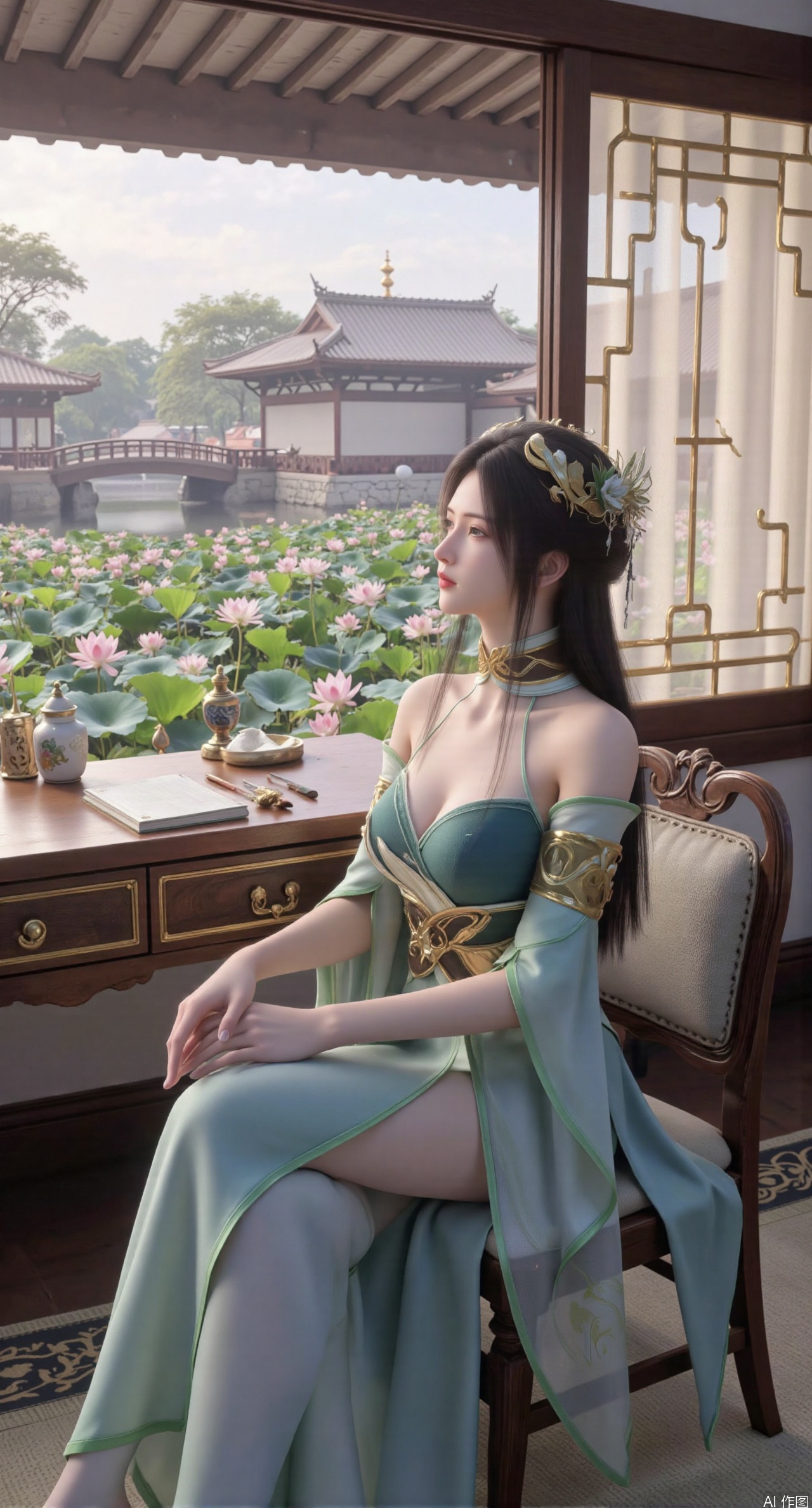 SFW,(masterpiece, best quality:1.2),1girl, solo, long dress,Ancient princess's boudoir with bright color palette, Hanfu-clad maiden sitting by latticed window desk in romantic daydreaming posture,  classical Chinese garden through window showcasing lotus pond filled with blooming pink and white lotuses, delicate ink-wash painting style, interior featuring rosewood furniture with mother-of-pearl inlay, silk curtains fluttering in breeze, porcelain stationery set on desk, distant view of curved bridges and pavilions in garden, ultra HD rendering with crisp details on embroidered garments and translucent lotus petals,,(huge breasts:2.99),(full breasts:2.89), 