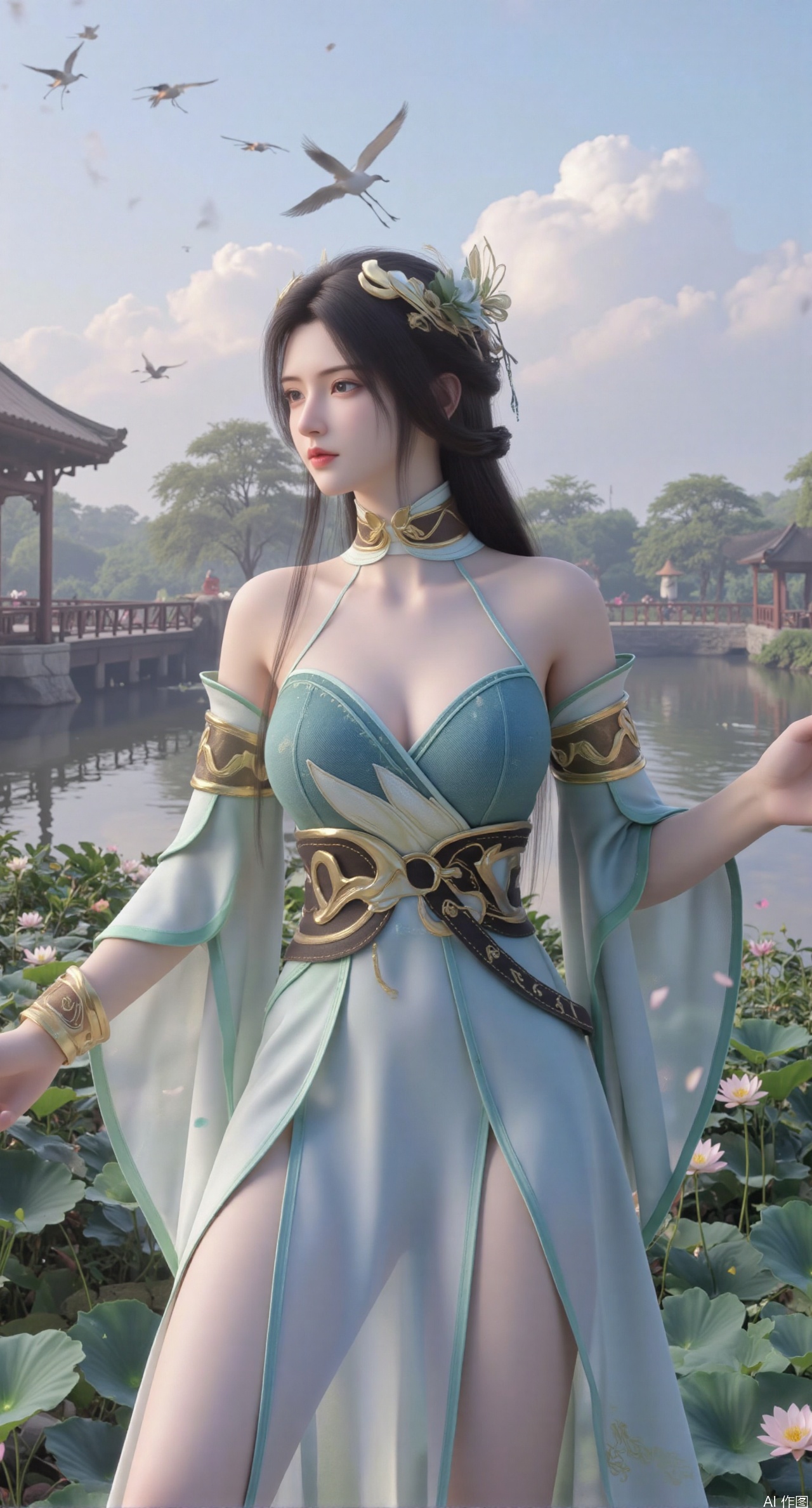 SFW,(masterpiece:1.2),best quality,1girl,solo,long hair,long dress,celestial maiden in flowing tulle gown levitates above lotus pond, ethereal mist trails from hair ribbons, mythical Penglai paradise emerges through clouds with glowing pavilions, translucent bioluminescent lotus blooms, flock of cranes gliding over water surface, ultra HD with soft 3D rendering, morning light filters through mist, falling petal rain, intricate details on scale-patterned fabric and lotus veins.(huge breasts:2.99),(full breasts:2.99),XliumeiY