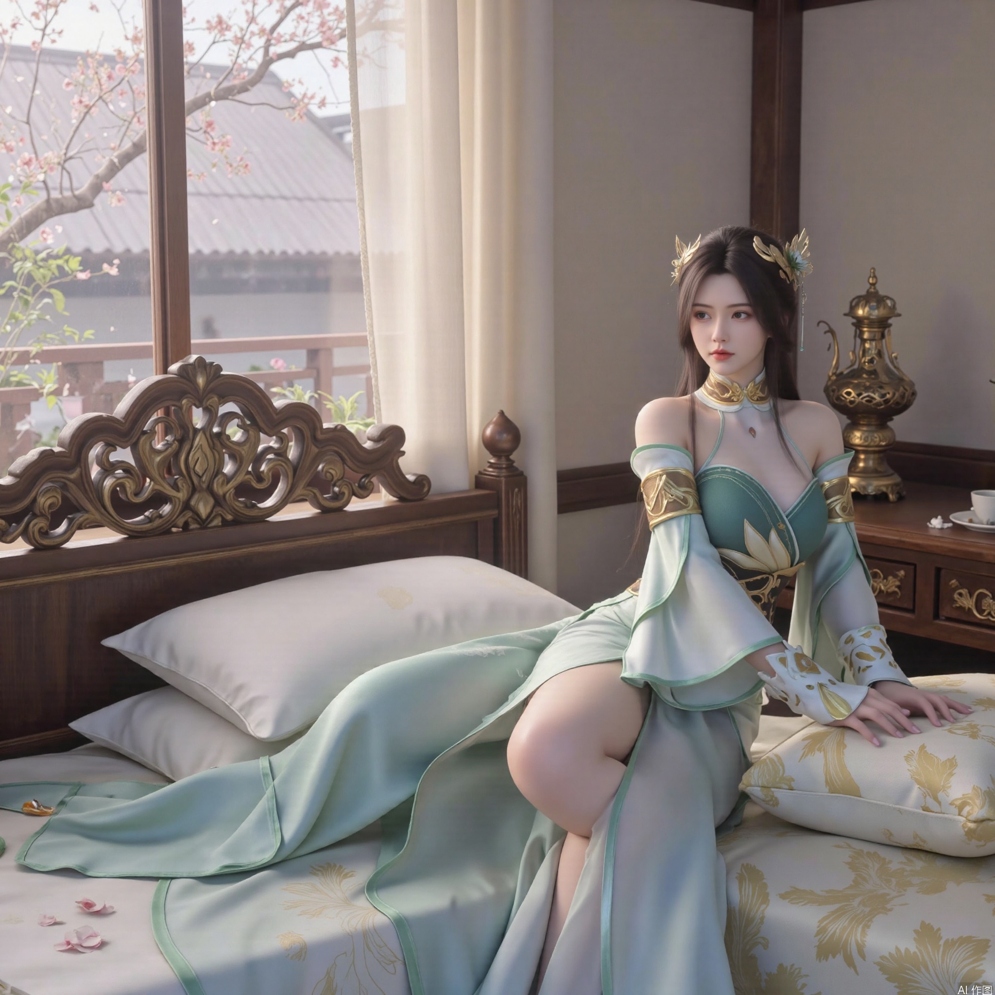 (masterpiece, best quality:1.2),Ancient Chinese boudoir scene, long Hanfu dress ,Half lying sideways on an intricately carved wooden bed, soft natural light filtering through sheer silk curtains, satin bedding with delicate sheen, detailed traditional Chinese Gongbi painting style, subtle celadon color palette, background featuring vintage dressing table and embroidered screen, falling plum blossom petals near window and wispy smoke from bronze incense burner, 8K resolution with intricate fabric draping and wood grain textures,,(huge breasts:2.99),(full breasts:2.99),XtianqiongY,XliumeiY,XhuolingerHF