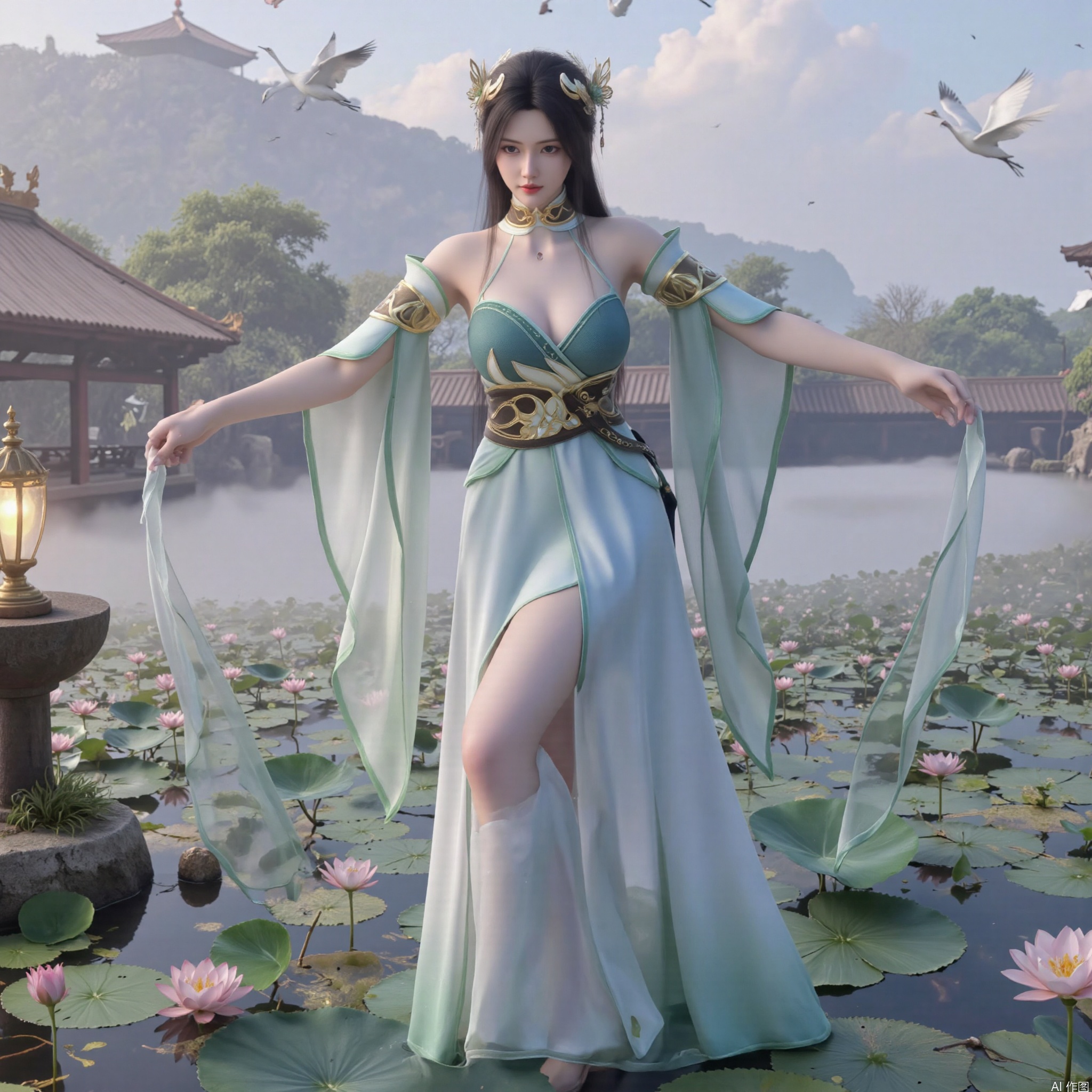 SFW,(masterpiece:1.2),best quality,1girl,solo,long hair,long dress,Half lying,celestial maiden in flowing tulle gown levitates above lotus pond, ethereal mist trails from hair ribbons, mythical Penglai paradise emerges through clouds with glowing pavilions, translucent bioluminescent lotus blooms, flock of cranes gliding over water surface, ultra HD with soft 3D rendering, morning light filters through mist, falling petal rain, intricate details on scale-patterned fabric and lotus veins.(huge breasts:2.99),(full breasts:2.99),XliumeiY