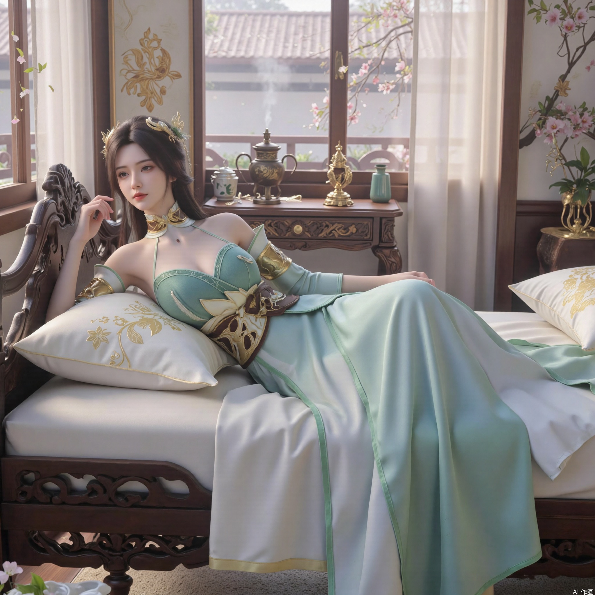 (masterpiece, best quality:1.2),Ancient Chinese boudoir scene, long Hanfu dress ,Half lying sideways on an intricately carved wooden bed, soft natural light filtering through sheer silk curtains, satin bedding with delicate sheen, detailed traditional Chinese Gongbi painting style, subtle celadon color palette, background featuring vintage dressing table and embroidered screen, falling plum blossom petals near window and wispy smoke from bronze incense burner, 8K resolution with intricate fabric draping and wood grain textures,,(huge breasts:2.99),(full breasts:2.99),XtianqiongY,XliumeiY,XhuolingerHF